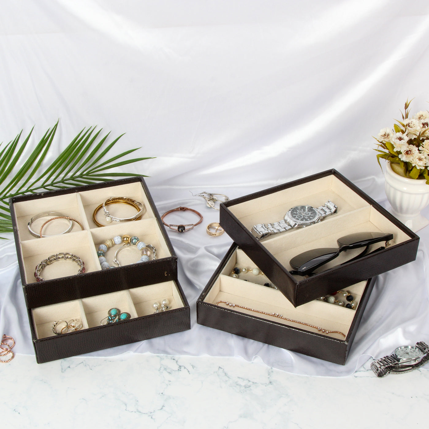 Jackcube Design Set 4 Vassoi Gioielli Pelle Marrone Impilabili