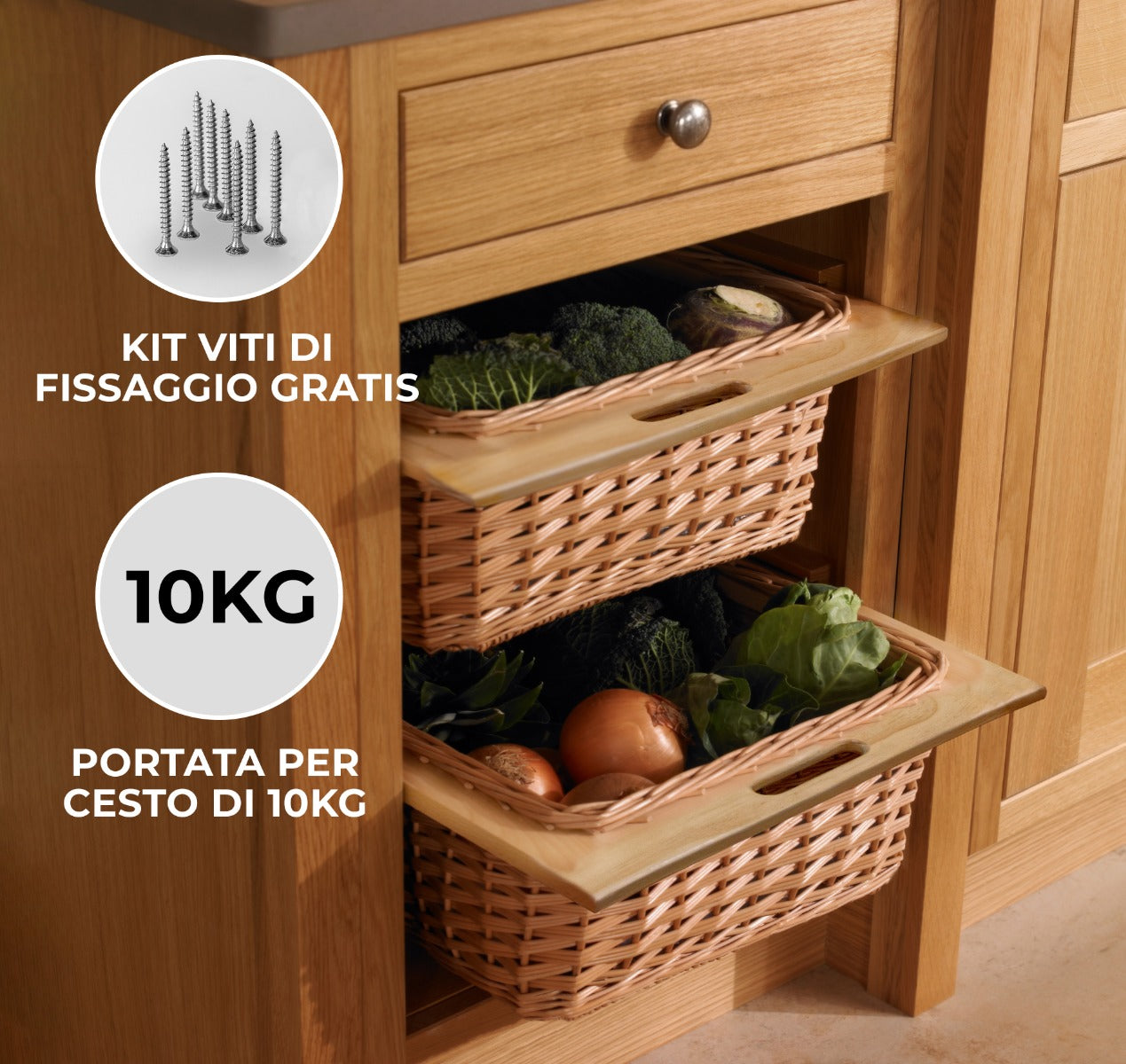 Q-Rax Cestelli Vimini 60cm Kit 3 Cesti con Binari Faggio