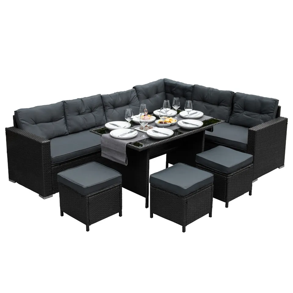 Q-Rax Set Rattan Angolare Nero 9 Posti Tavolo Vetro
