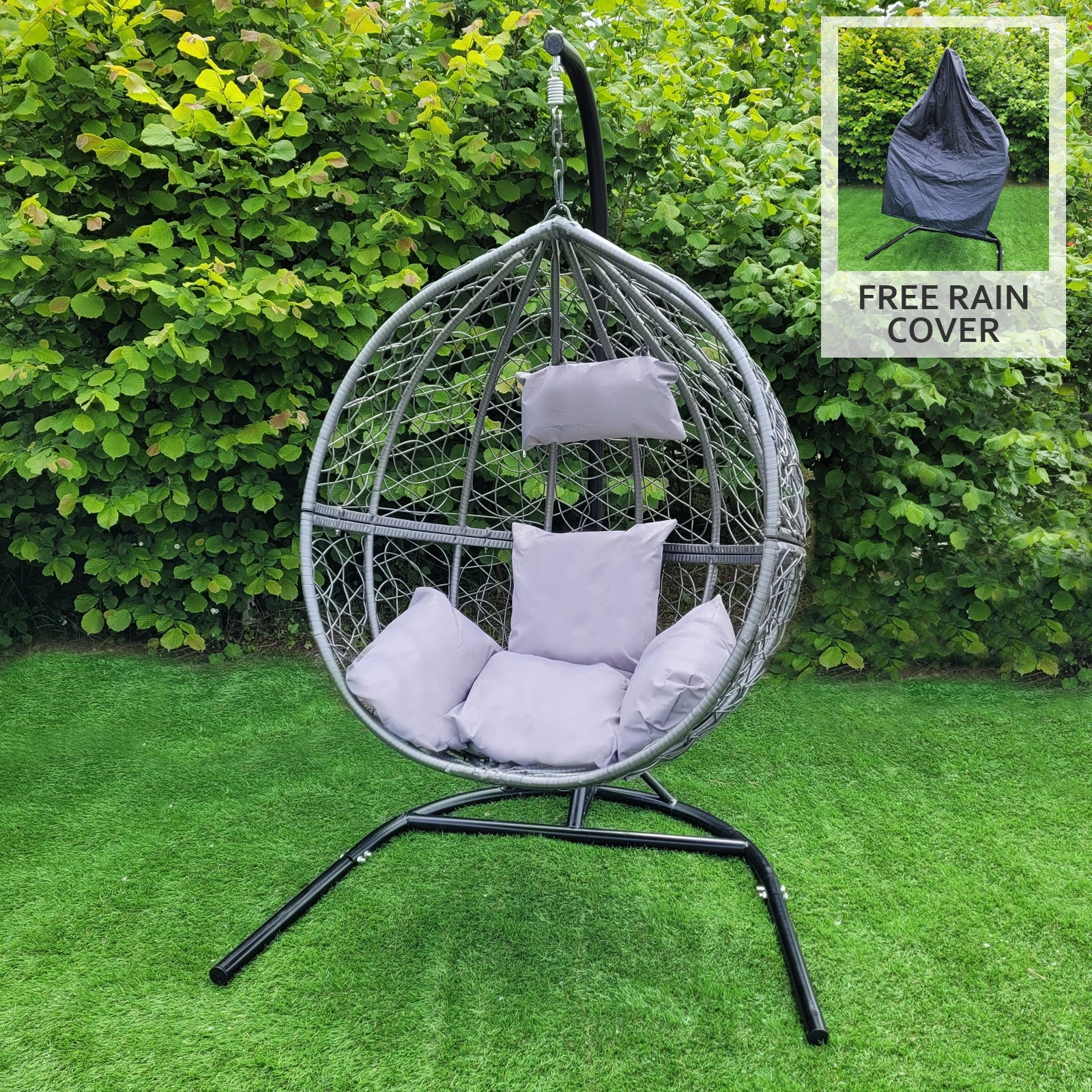 Q-Rax Sedia Sospesa Uovo Rattan Grigio con Cuscini