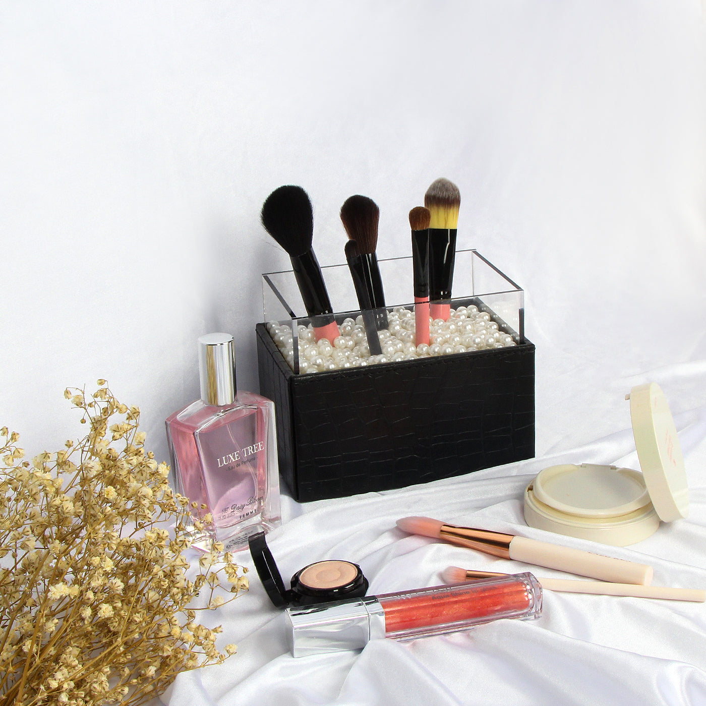 Jackcube Makeup Portapennelli Nero Pelle Perle Bianche