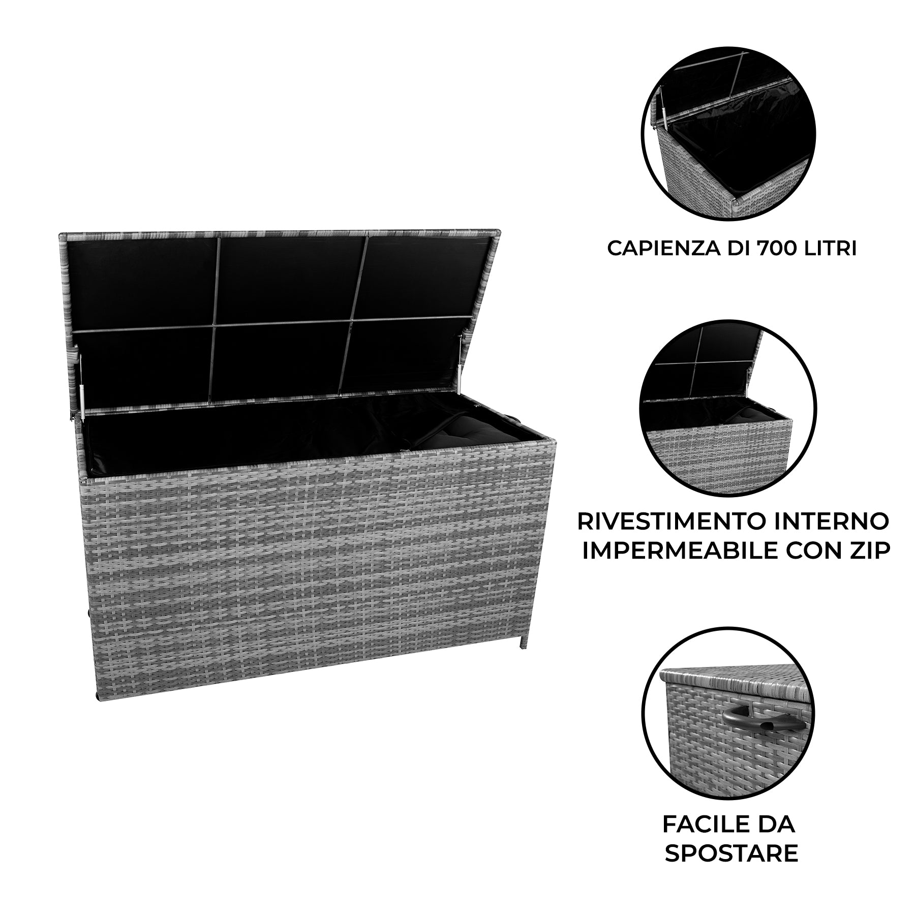 Q-Rax Mobili da Esterno Box Rattan 700L Grigio Cuscini con Ruote