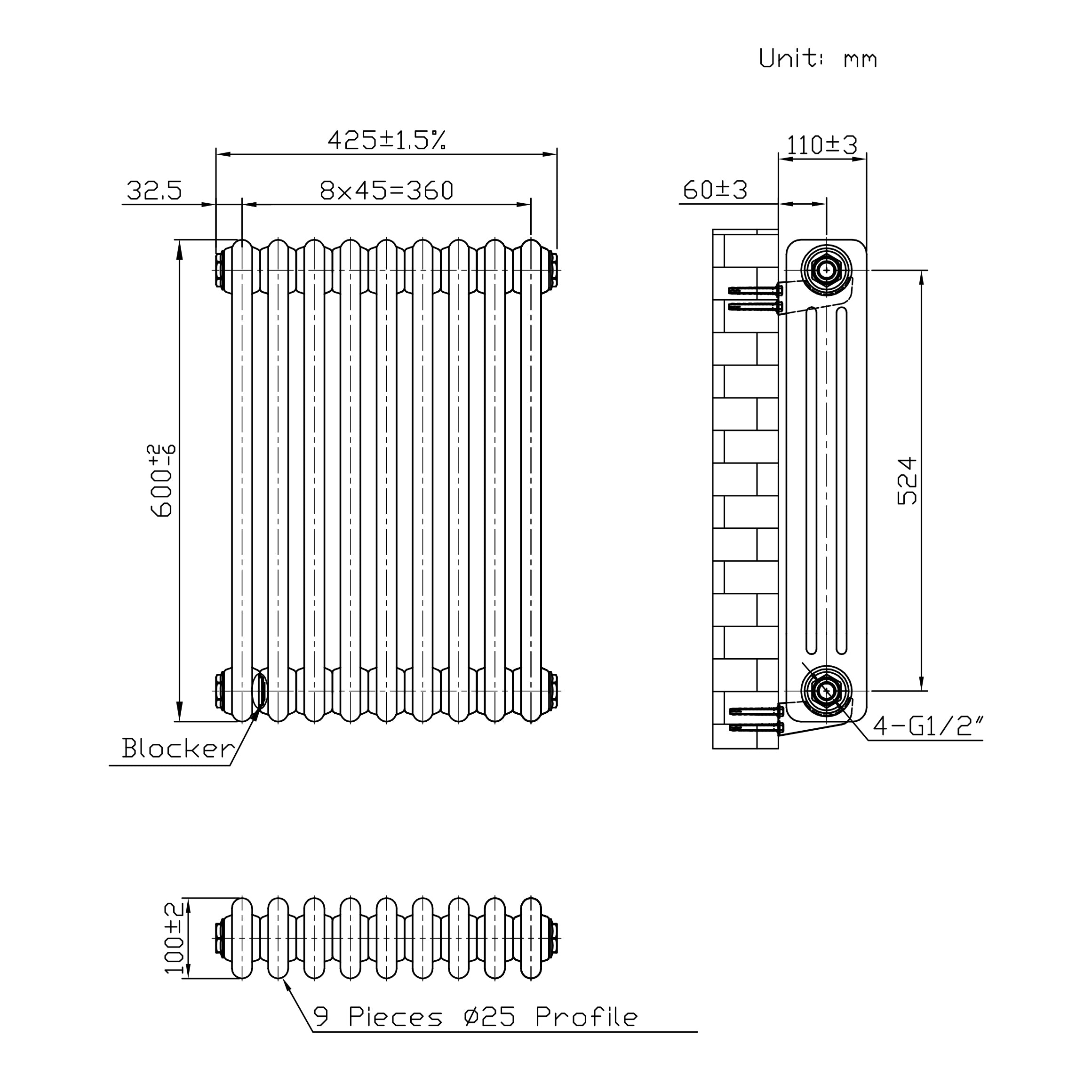 Q-Rax Radiatore 3 Colonne 600x425mm Metallo Grezzo