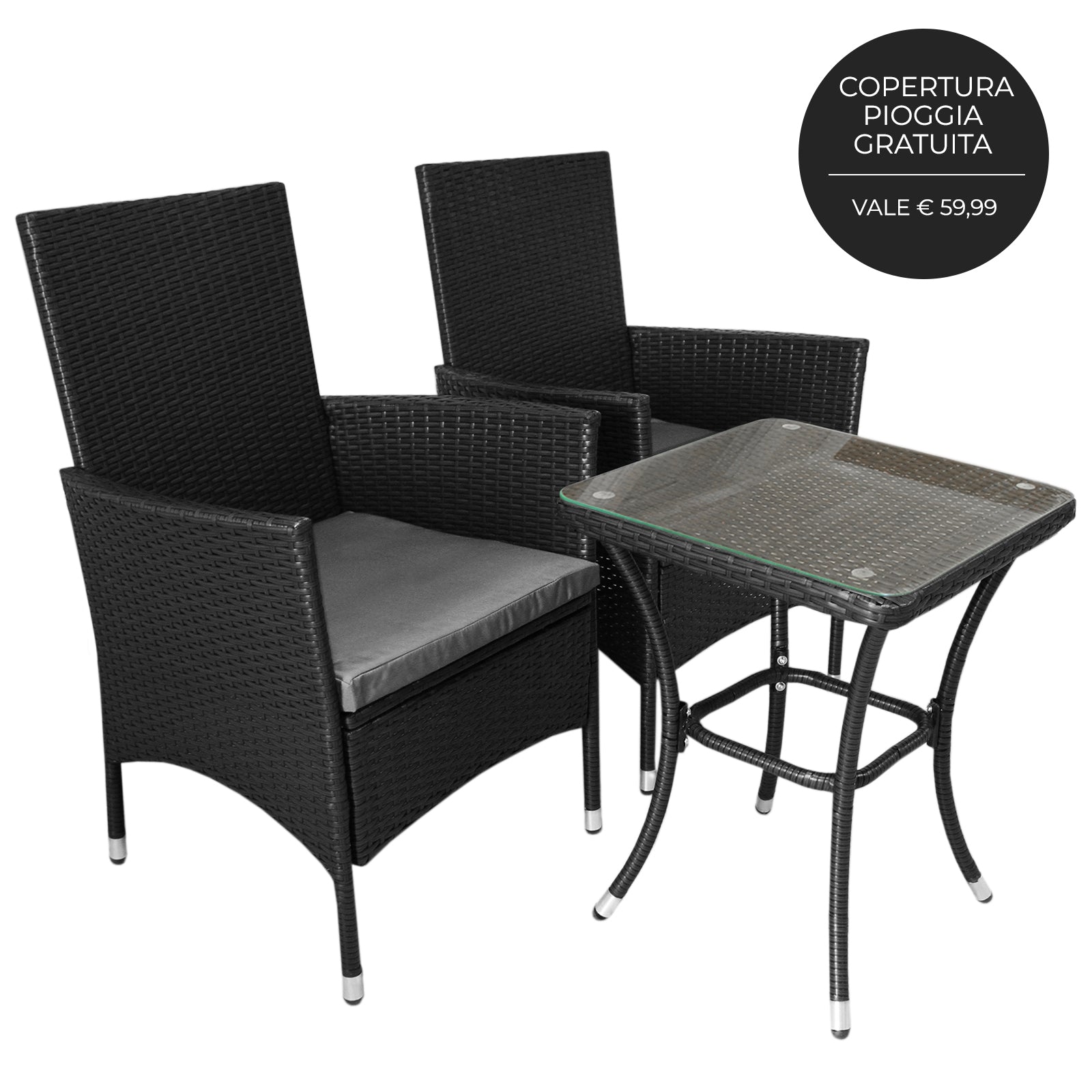 Q-Rax Jardí Set Bistrot Rattan Nero 2 Sedie+Tavolo