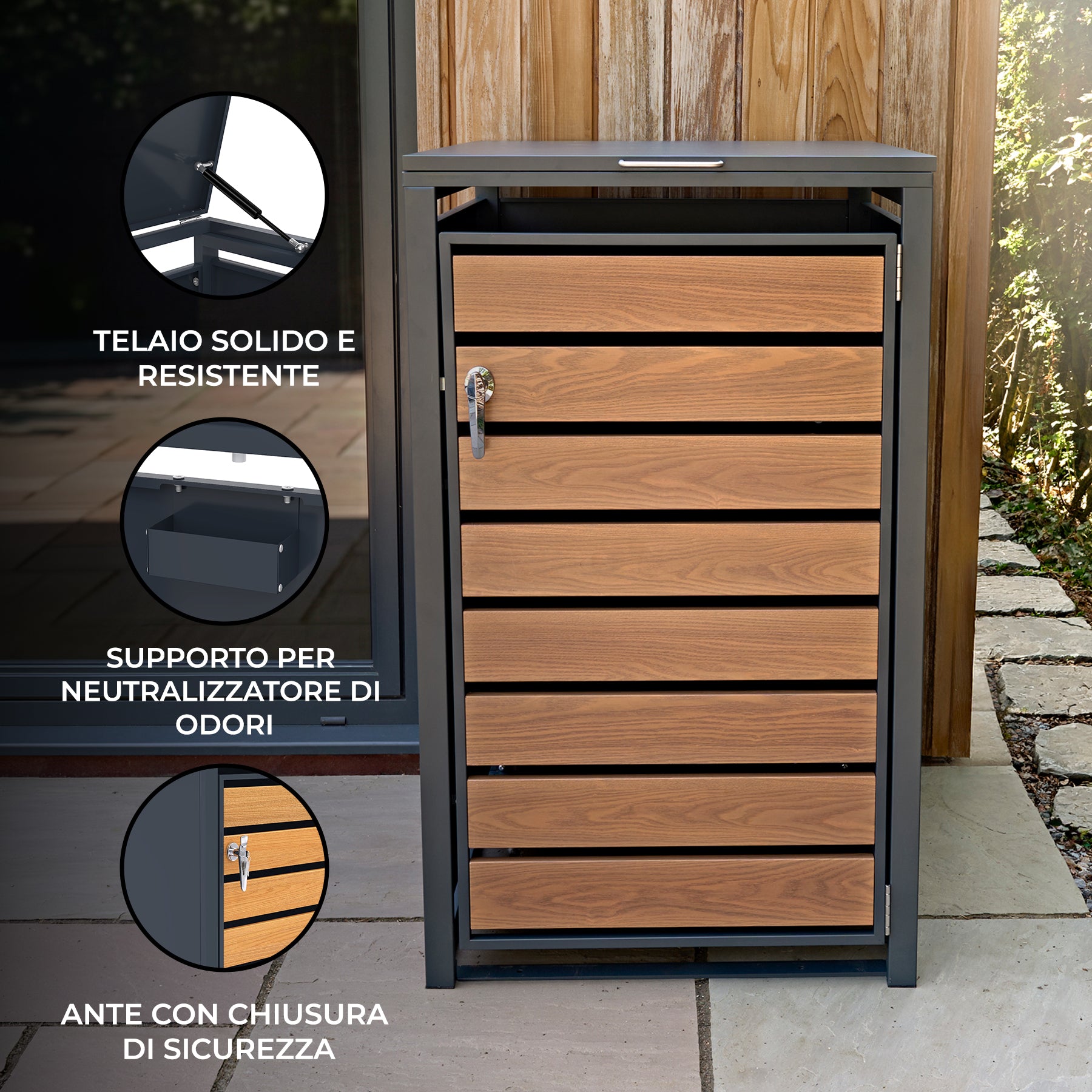 Q-Rax Copertura Singola Bidone 240L Antracite Legno