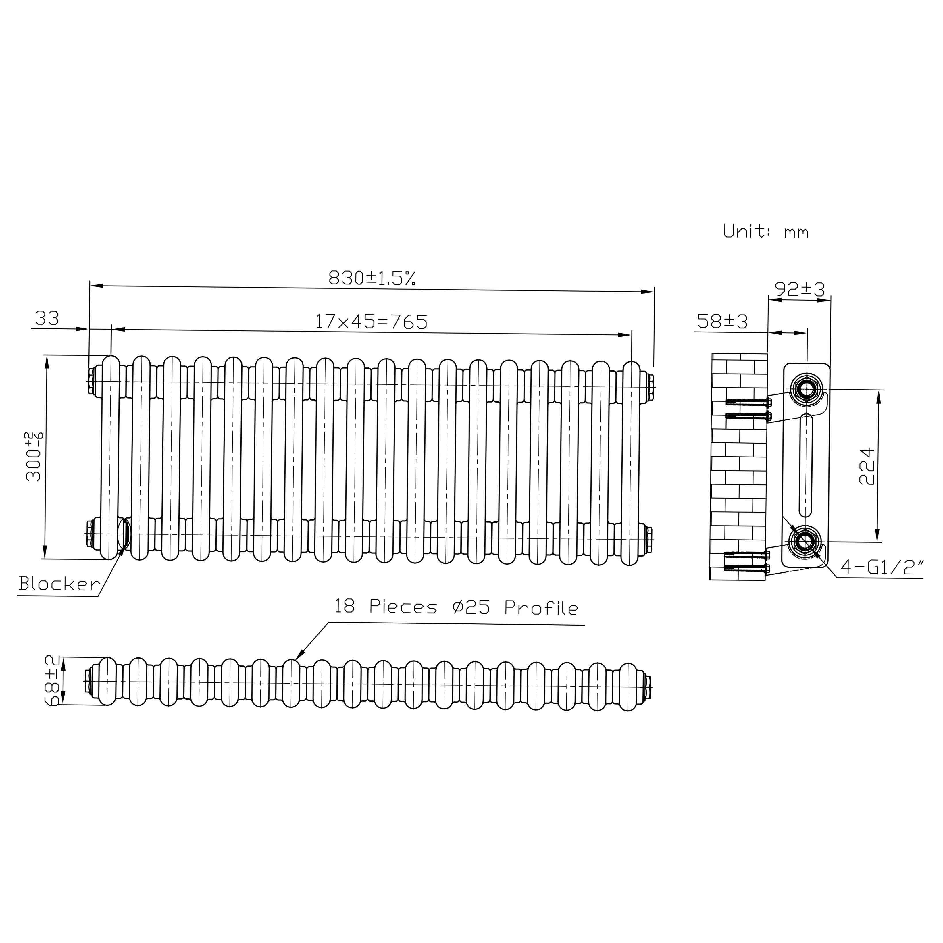 Q-Rax Radiatore Tradizionale 2 Colonne 300x830 Termosifone Grezzo
