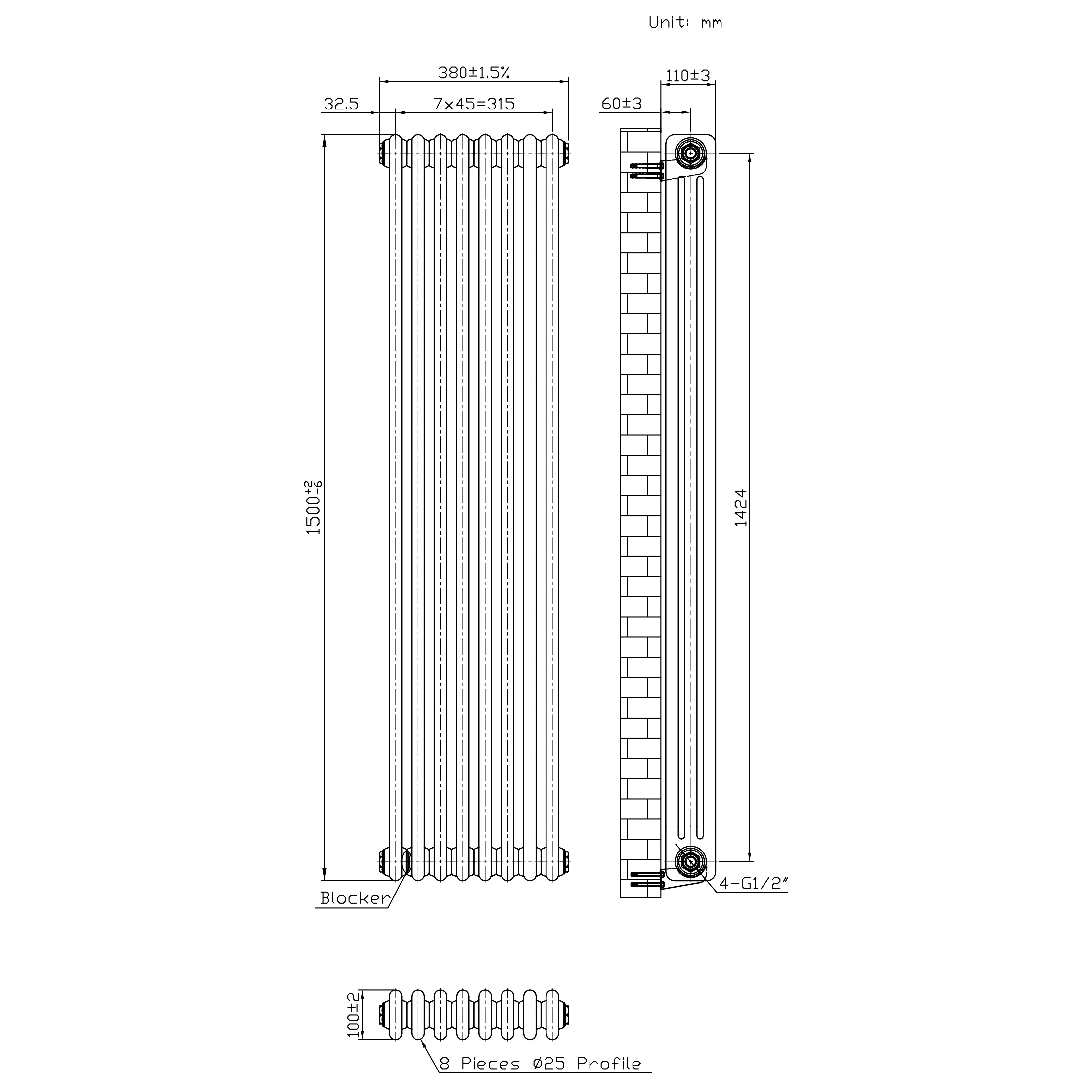 Q-Rax Radiatore Tradizionale 3 Colonne 1500x380 mm Metallo Grezzo termo