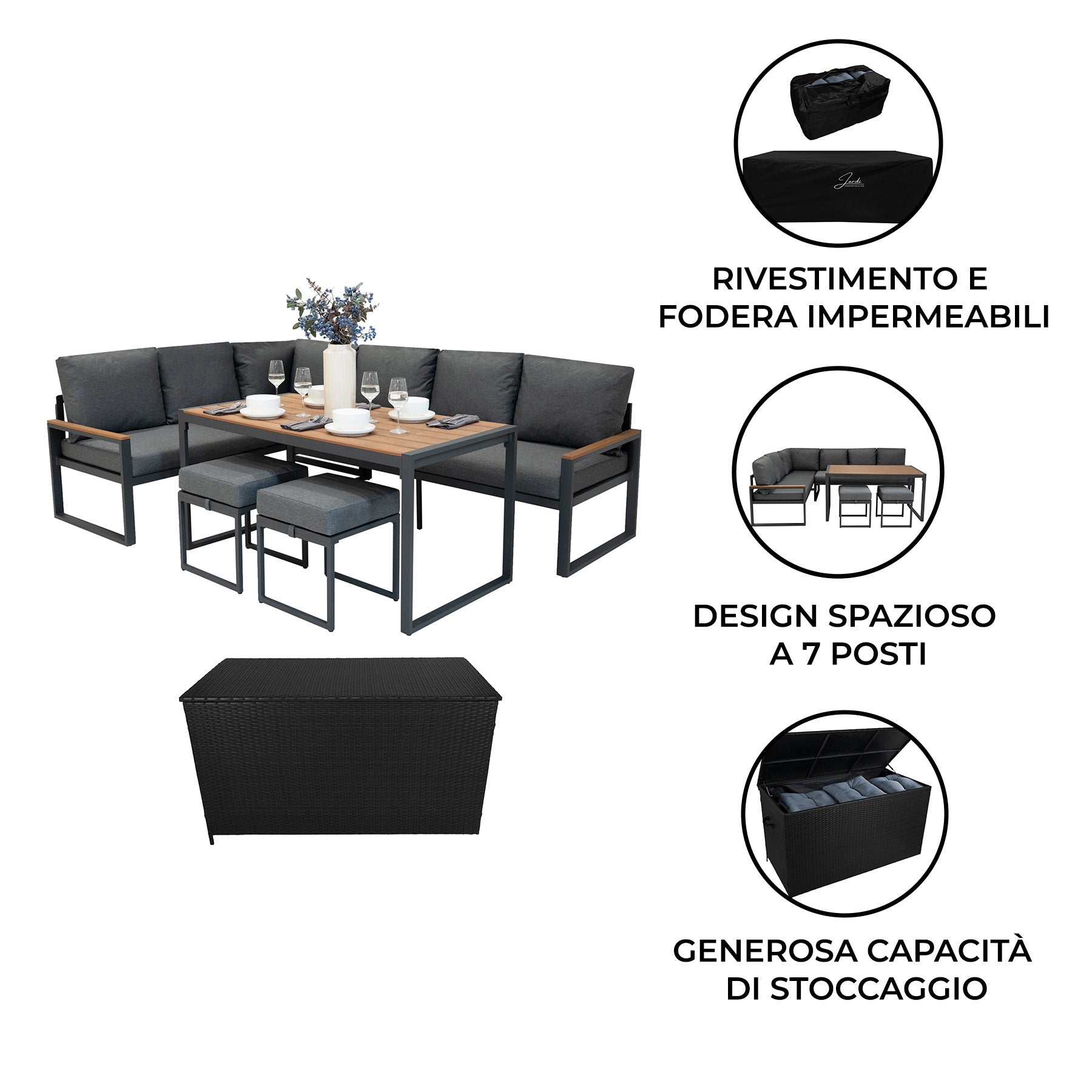 Q-Rax Set divano angolare alluminio + cassapanca rattan nero