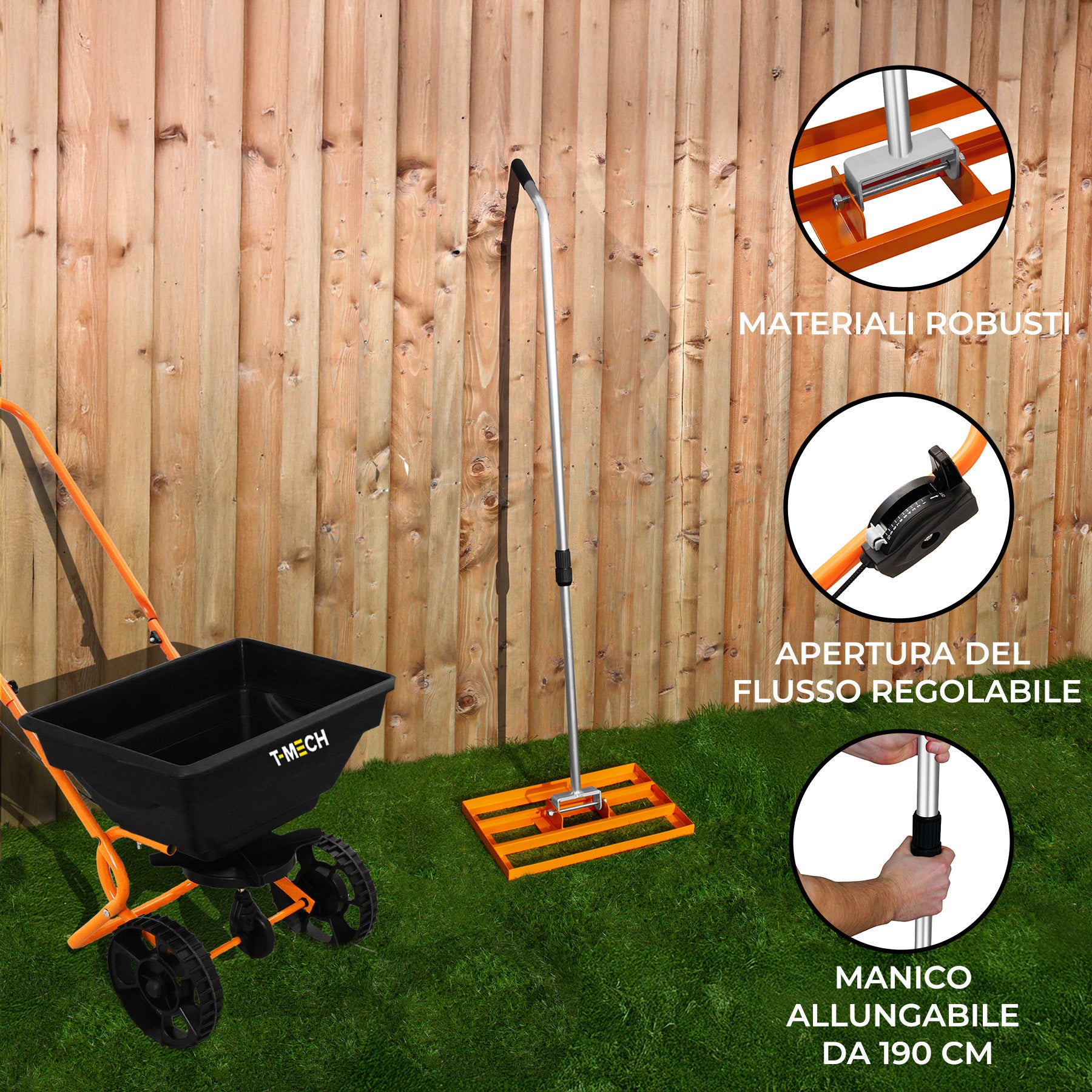 Q-Rax Spargitore Rotante 25kg + Livella Prato 50cm Arancione