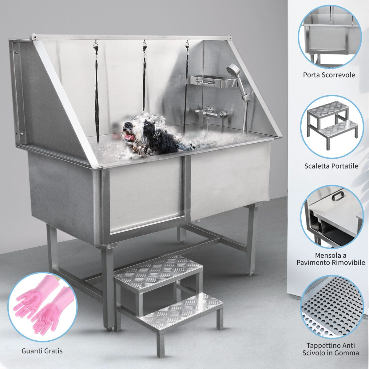 Q-Rax Vasca toelettatura inox 600 mm con rubinetto e gradini