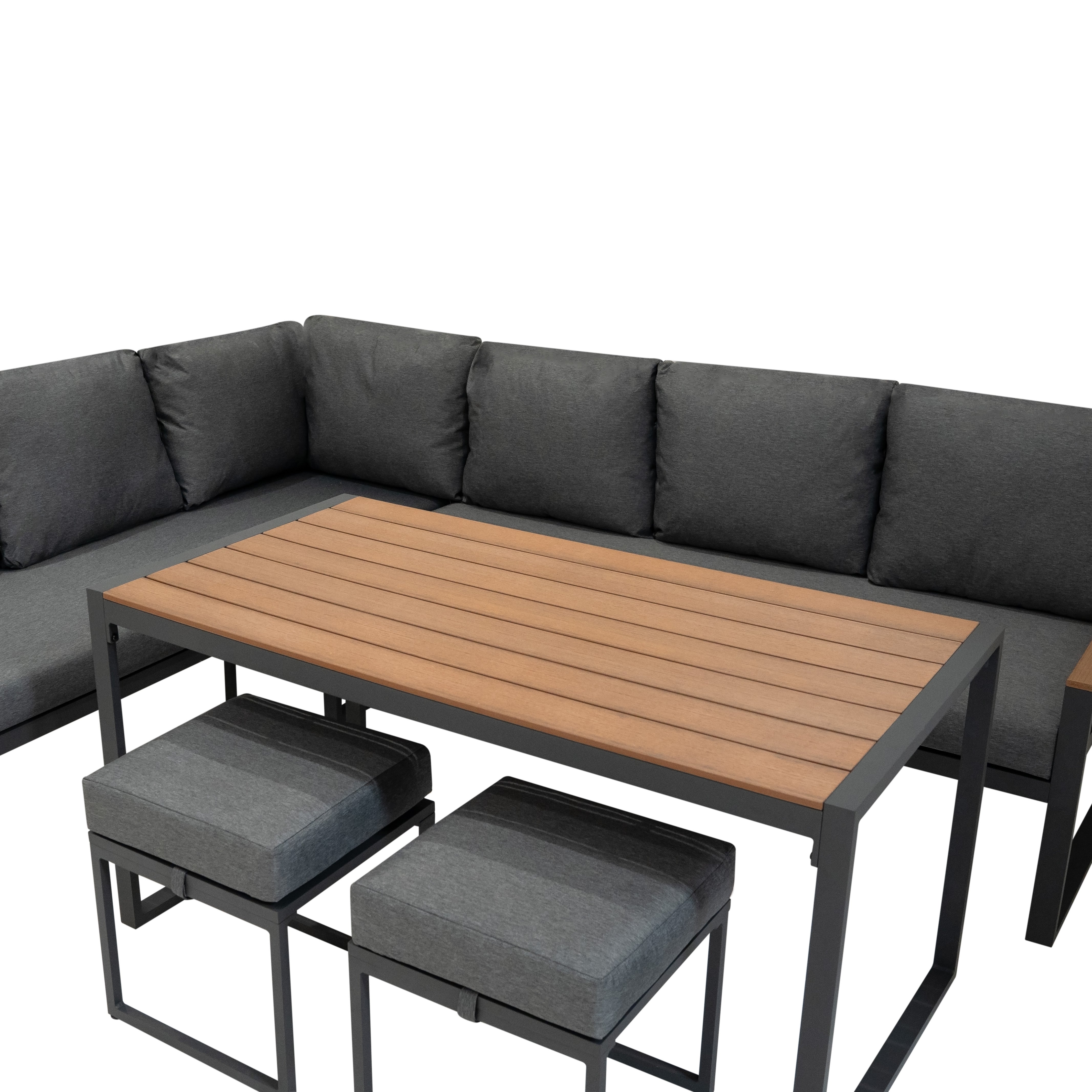 Q-Rax Set Divano Angolare Alluminio Effetto Legno Tavolo Vetro