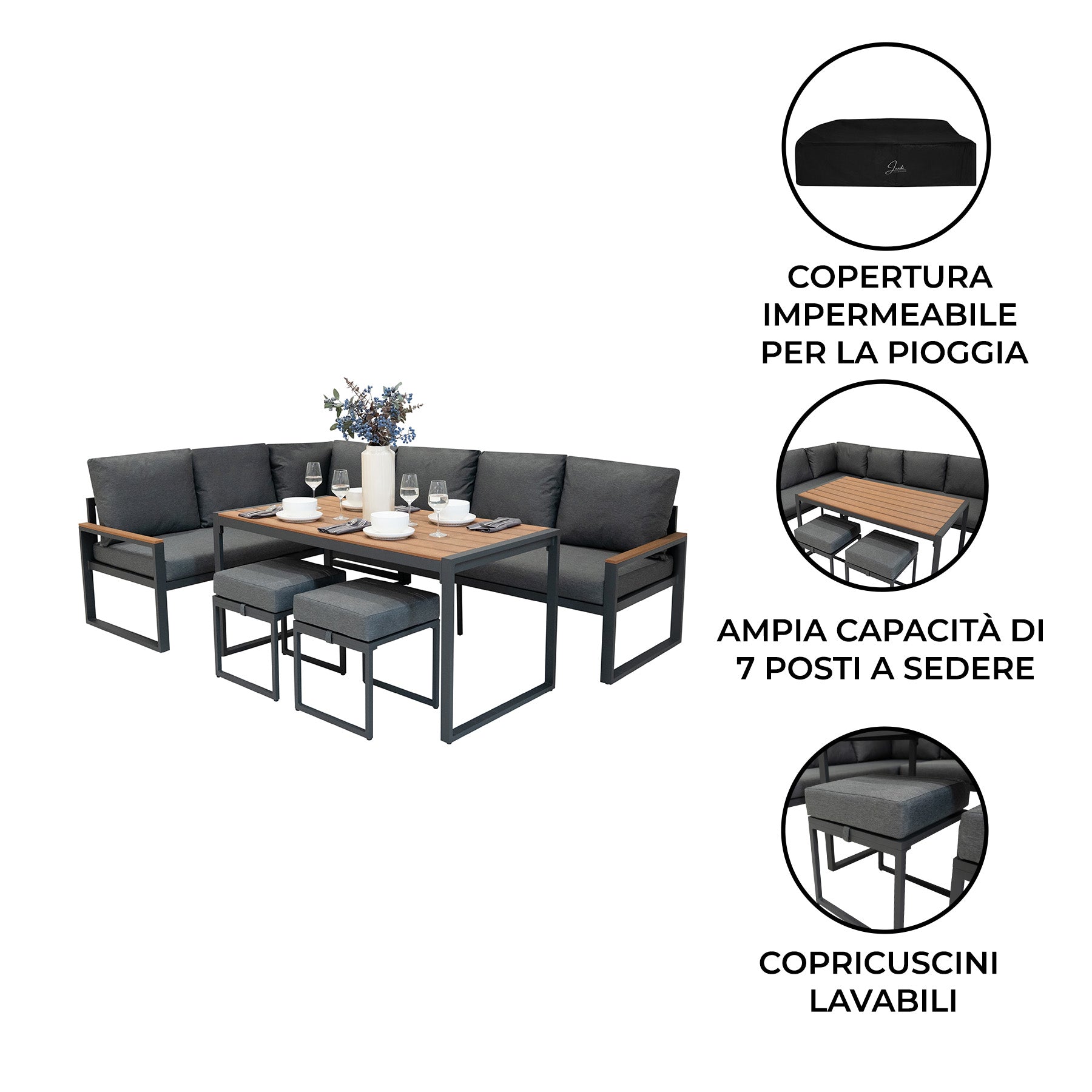 Q-Rax Set Divano Angolare Alluminio Effetto Legno Tavolo Vetro