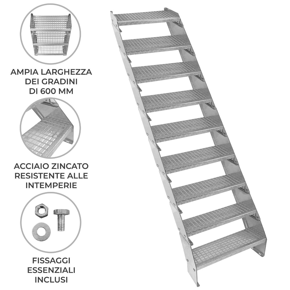 Q-Rax Scala Zincata Regolabile 9 Elementi 600 mm Acciaio