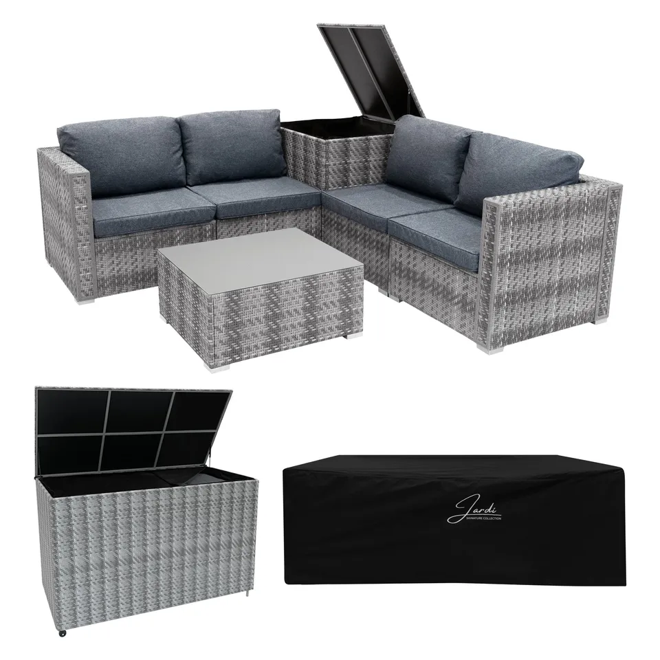 Q-Rax Set Rattan Grigio 6 Pezzi Tavolino Vetro Bauli 250+996L