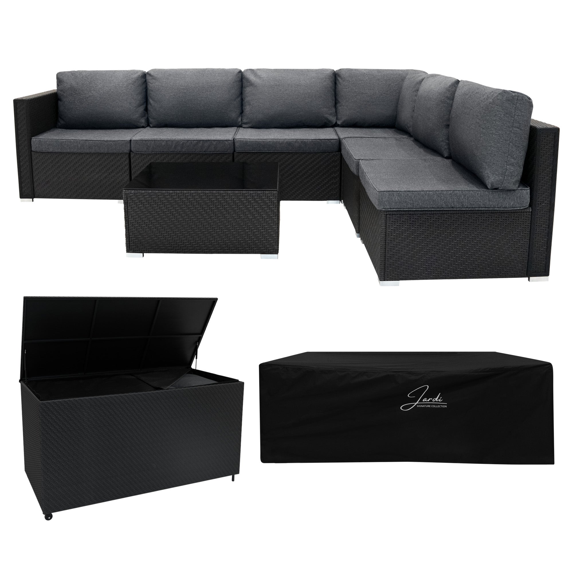Q-Rax Mobili da Esterno set rattan 7 pezzi nero con baule