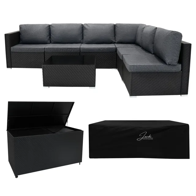 Q-Rax Mobili da Esterno set rattan 7 pezzi nero con baule