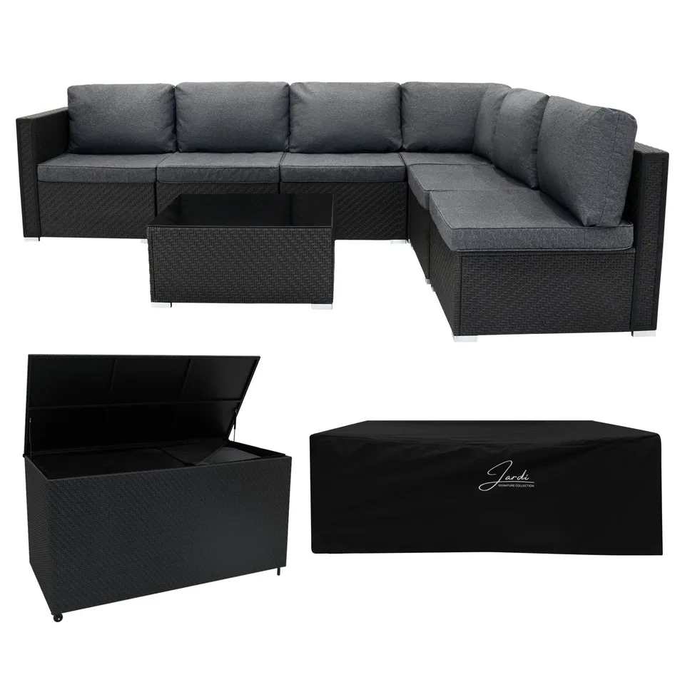 Q-Rax Mobili da Esterno set rattan 7 pezzi nero con baule