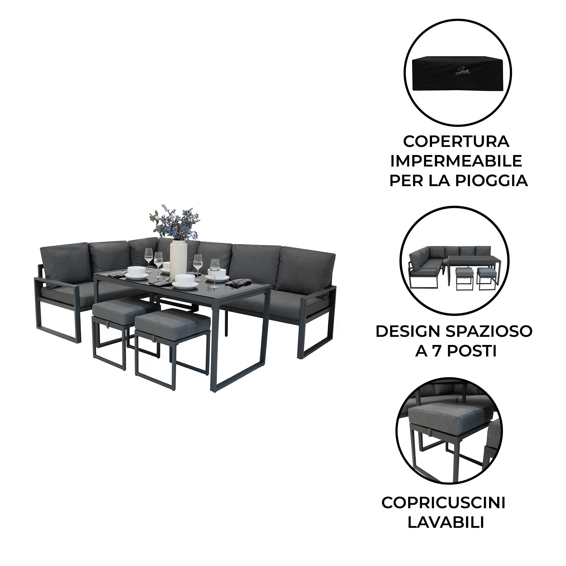 Q-Rax Set Divano Angolare Alluminio Grigio Tavolo Vetro