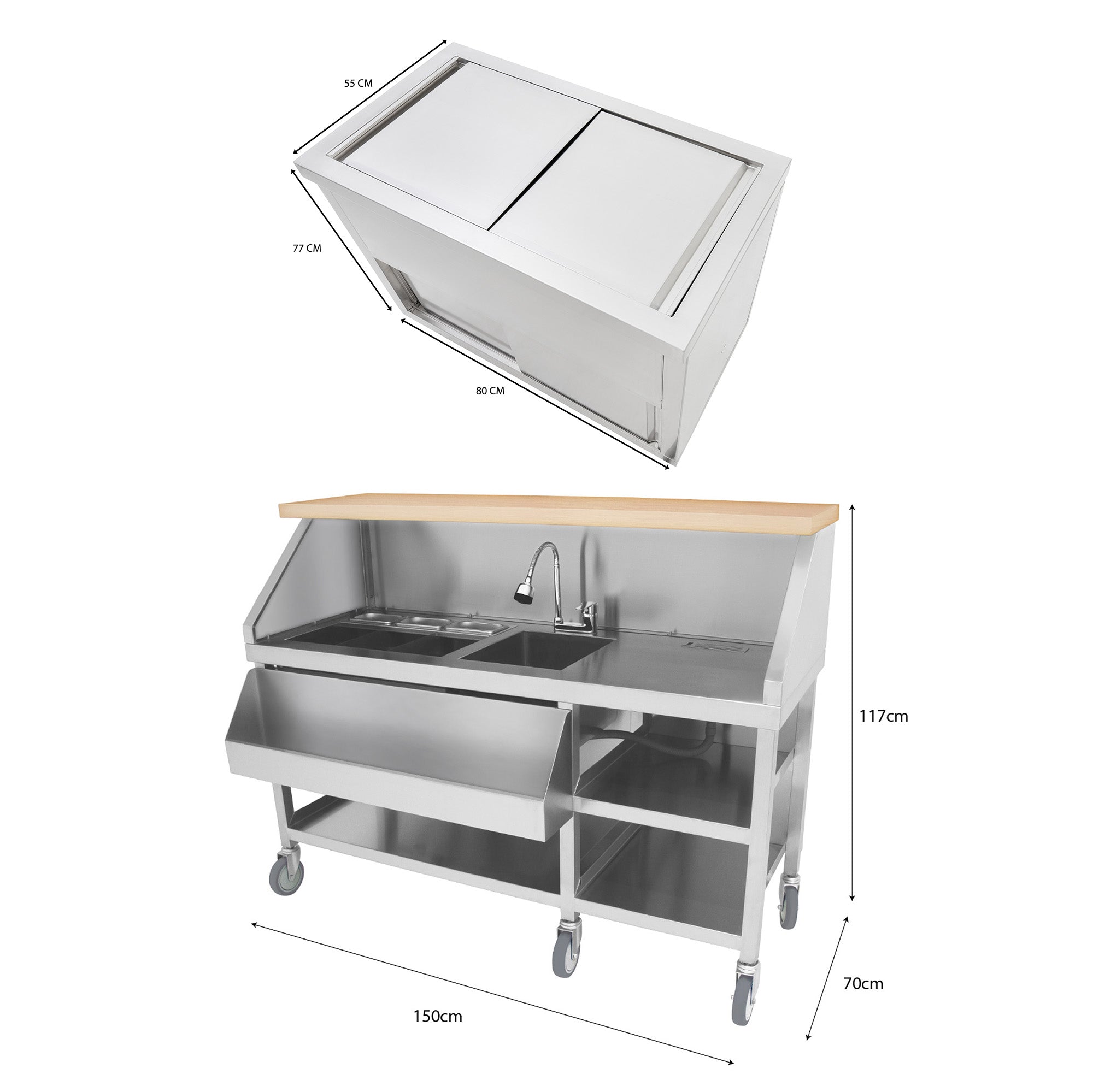 Q-Rax Postazione Bar Cocktail Mobile Acciaio con Ghiaccio 86L