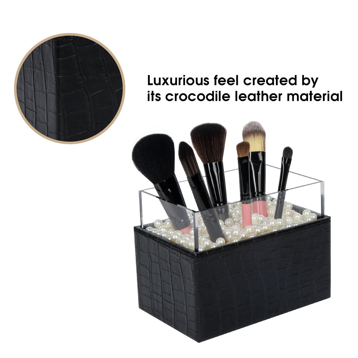 Jackcube Makeup Portapennelli Nero Pelle Perle Bianche