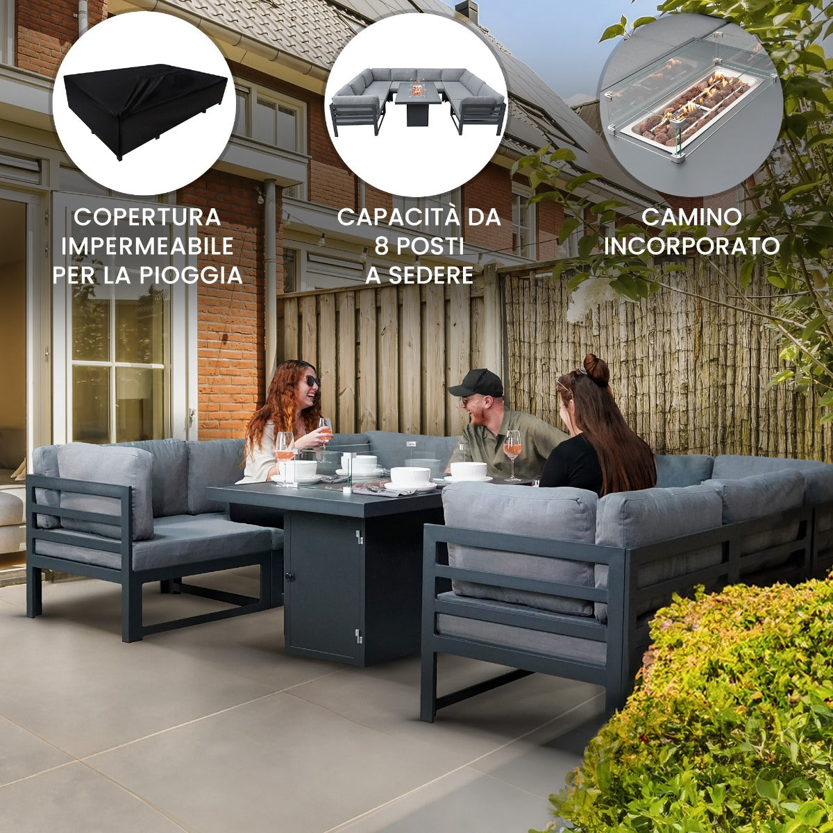Q-Rax Set Mobili Giardino Componibile 8 Posti con Focolare