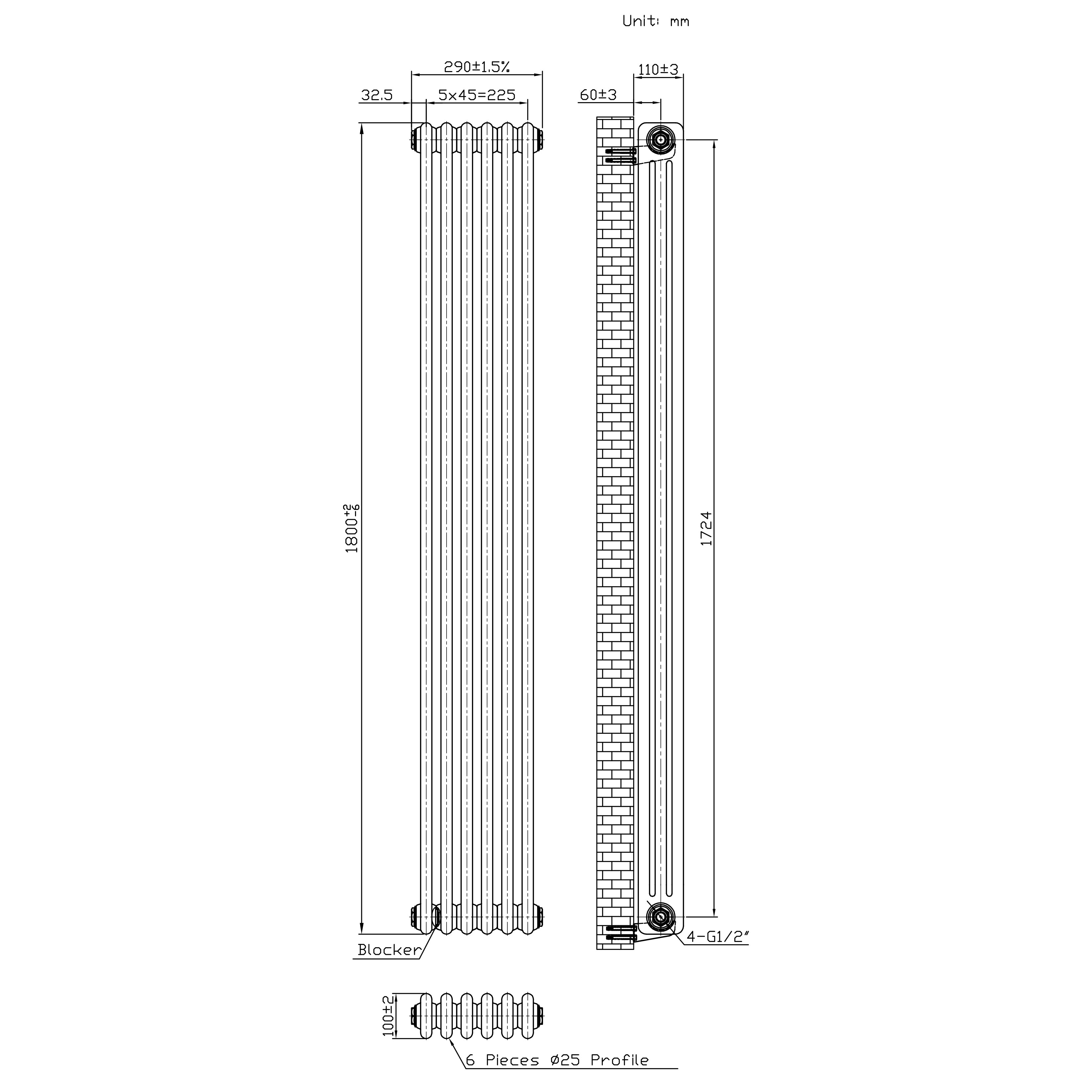 Q-Rax Radiatore Tradizionale 3 Colonne 1800x290 Metallo Grezzo