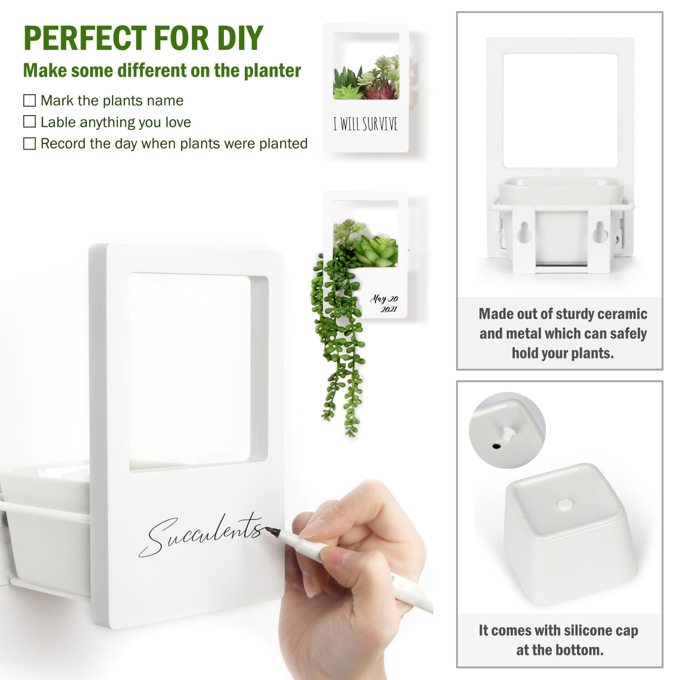 Jackcube Design Plant fioriere parete set 2 ceramica bianca legno