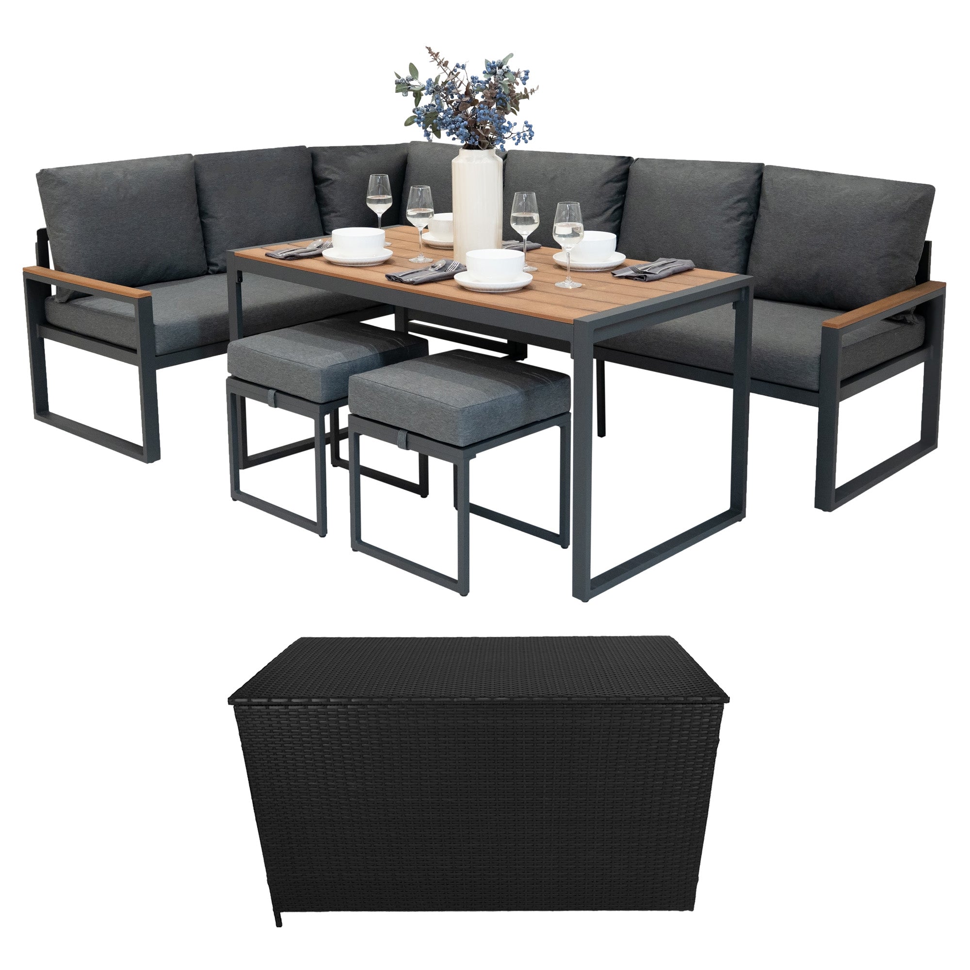 Q-Rax Set divano angolare alluminio + cassapanca rattan nero