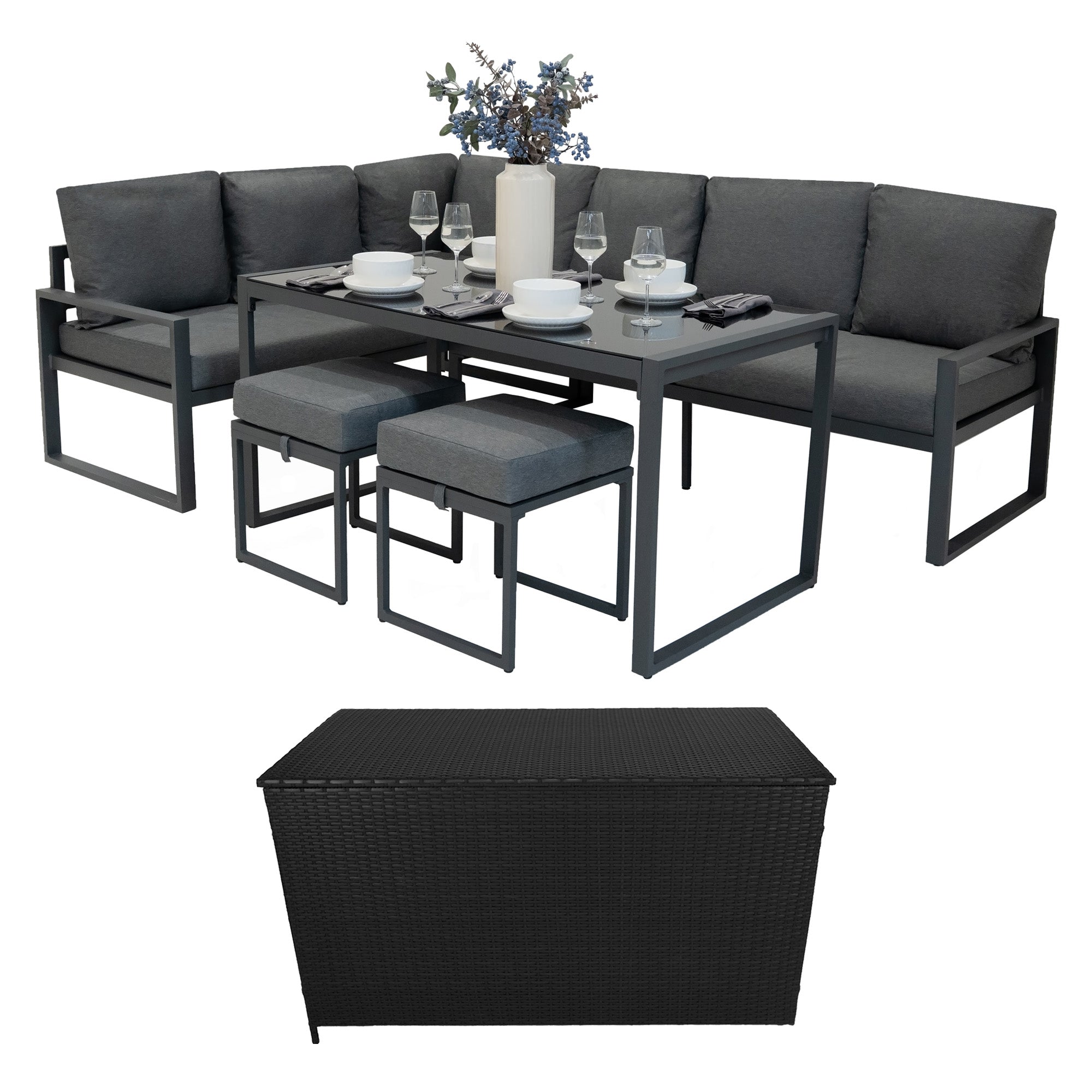 Q-Rax Set Divano Angolare Alluminio Cassapanca Rattan Nero Antracite