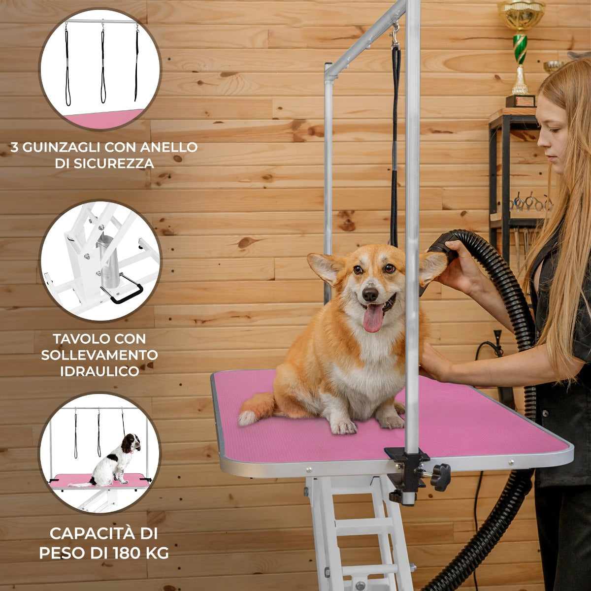 Q-Rax Tavolo Toelettatura Idraulico Bianco Piano Rosa