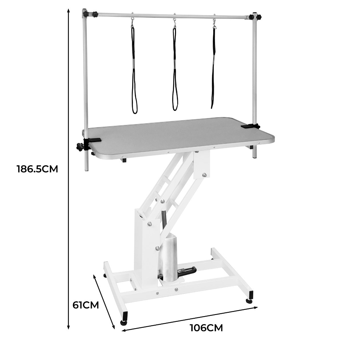 Q-Rax Tavolo Toelettatura Idraulico 106x61 Bianco Piano Grigio 180kg