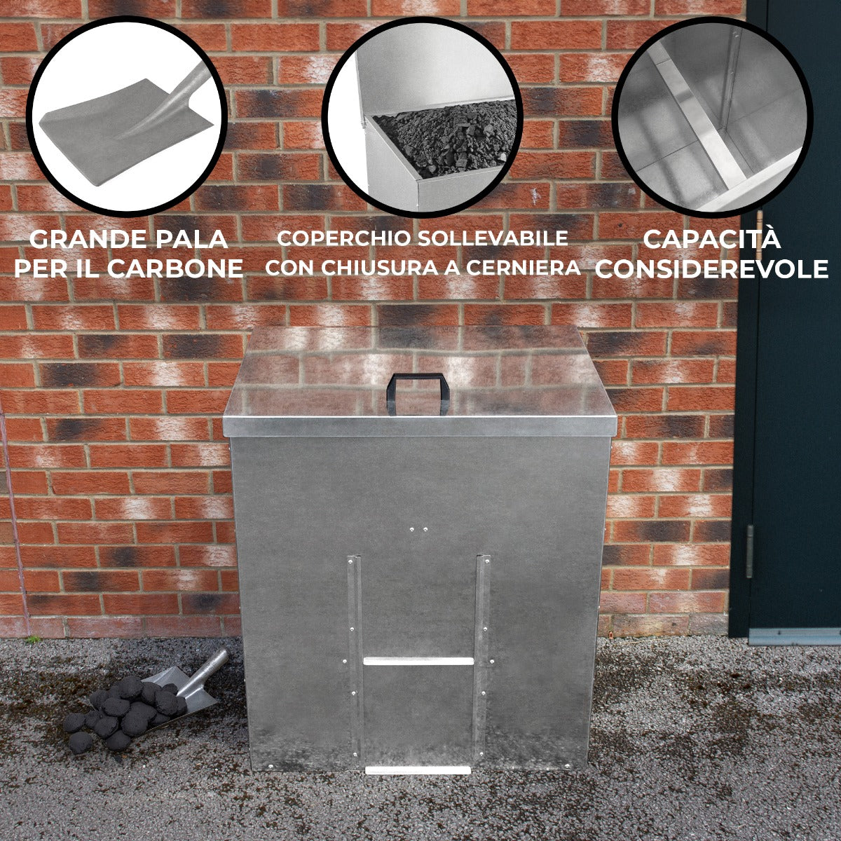 Q-Rax Bidone Carbone Legna 350kg 520L Acciaio Zincato