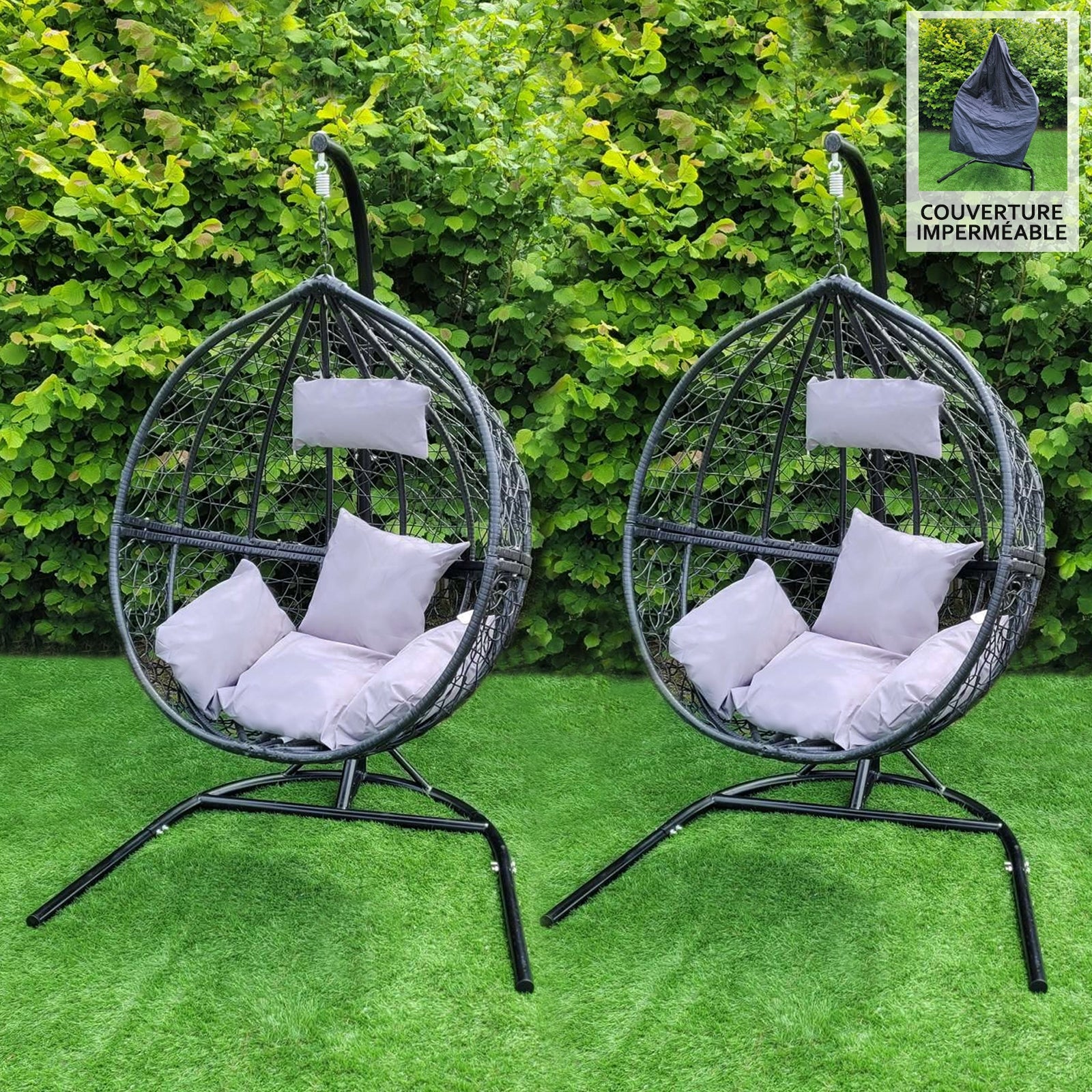 Q-Rax Sedia Sospesa Uovo Rattan Nero 2 Poltrone 150kg