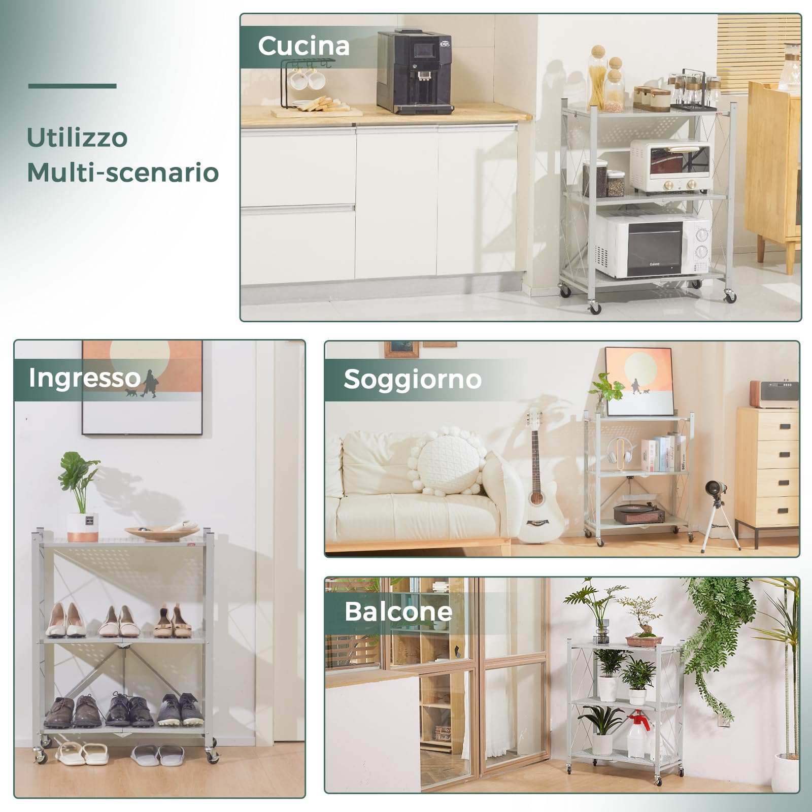 DEANIC Folding Storage Shelves scaffale metallo grigio 3 ripiani