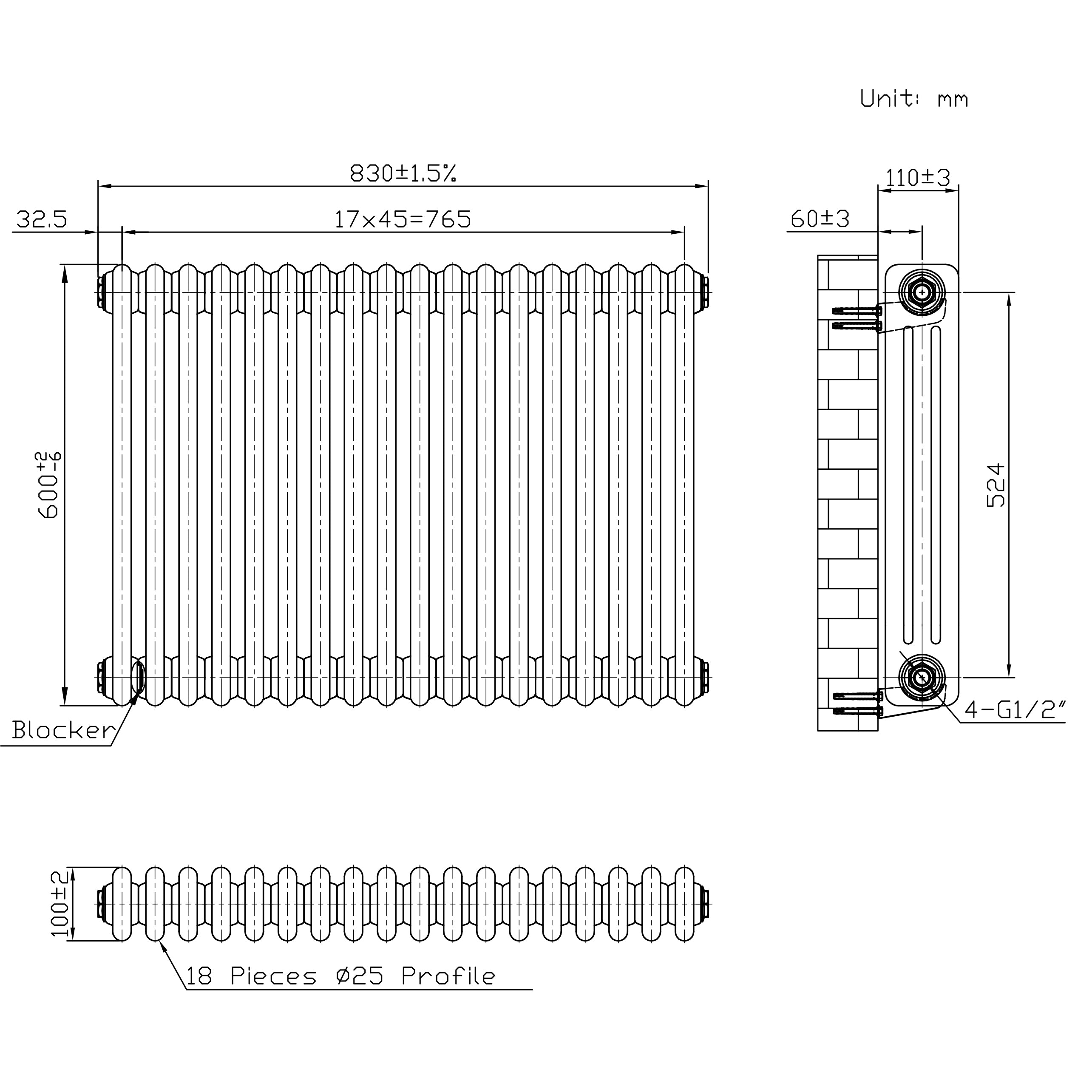 Q-Rax Radiatore 3 Colonne 600x830 mm Termosifone Grezzo