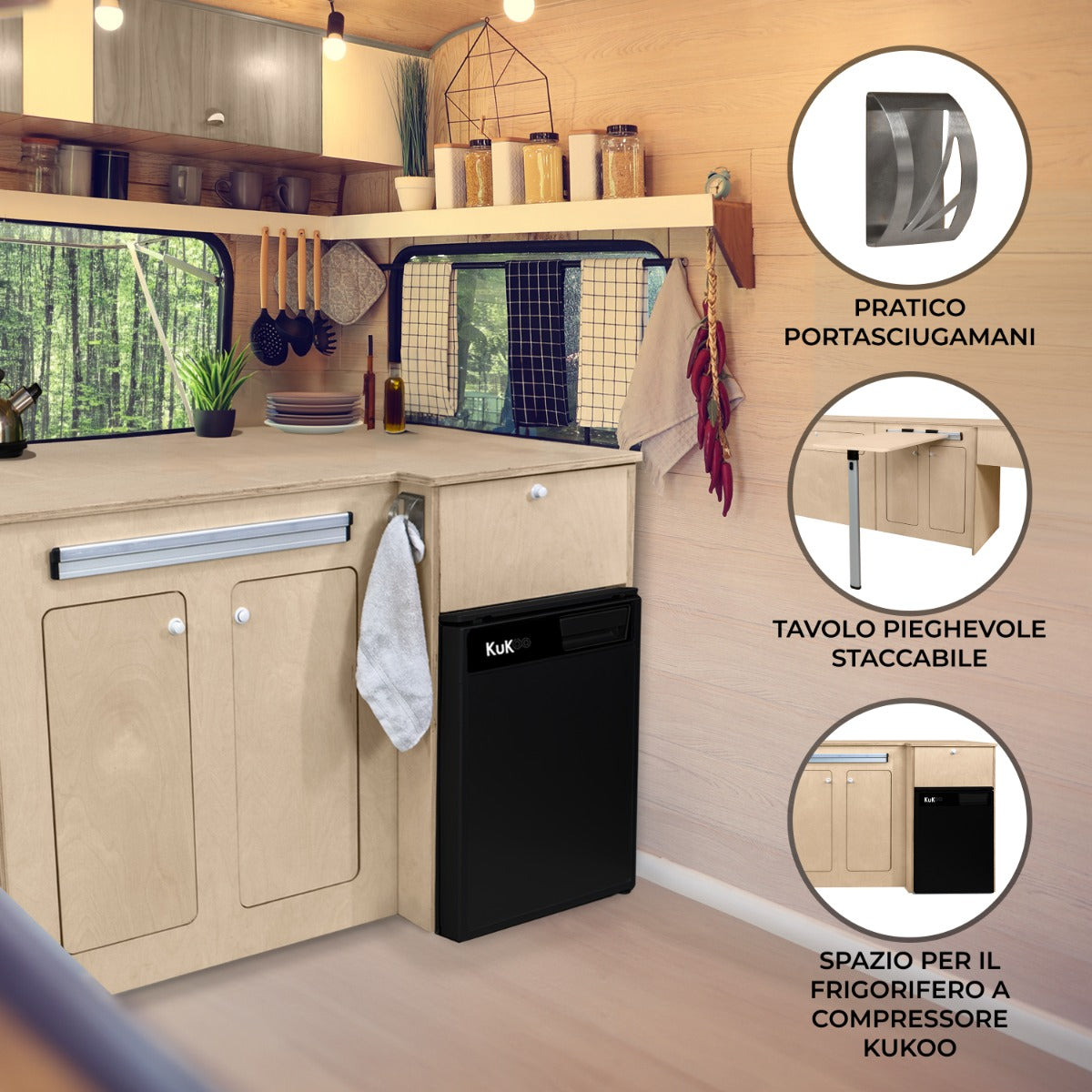 Q-Rax cucina camper van betulla tavolo ribaltabile frigo