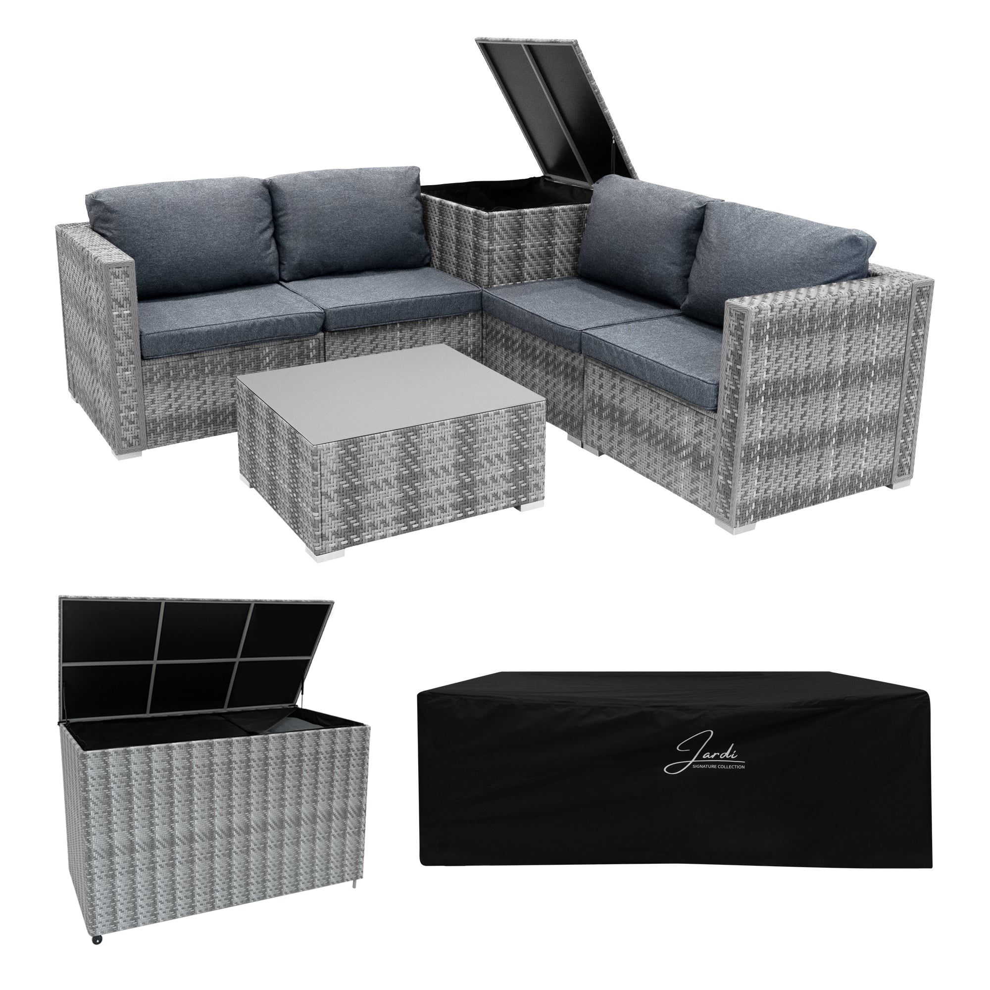 Q-Rax Set Rattan Grigio 6 Pezzi Tavolino 2 Bauli Giardino