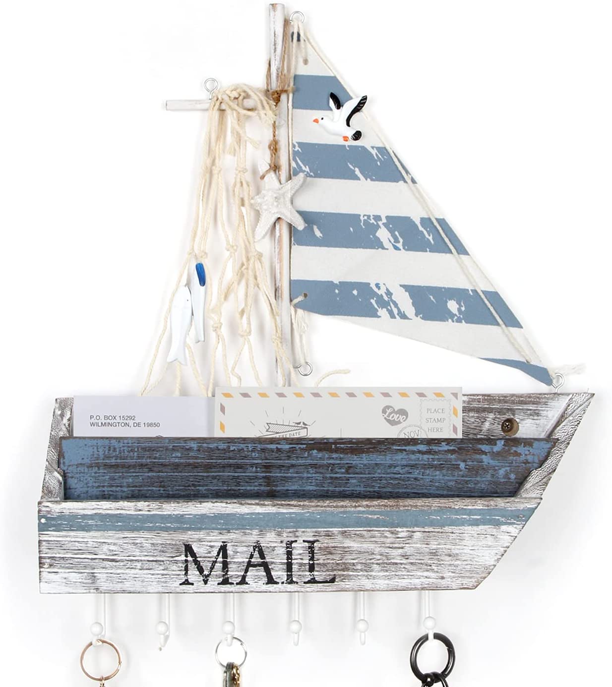 Jackcube Design Entryway Portalettere Legno Nautico Barca Azzurro Ganci