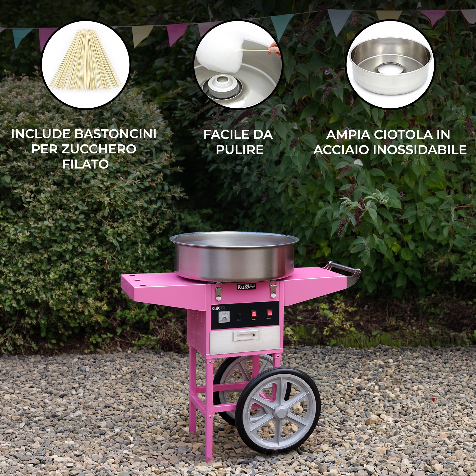 Kukoo Vintage Macchina Zucchero Filato Rosa 50 cm con Carrello
