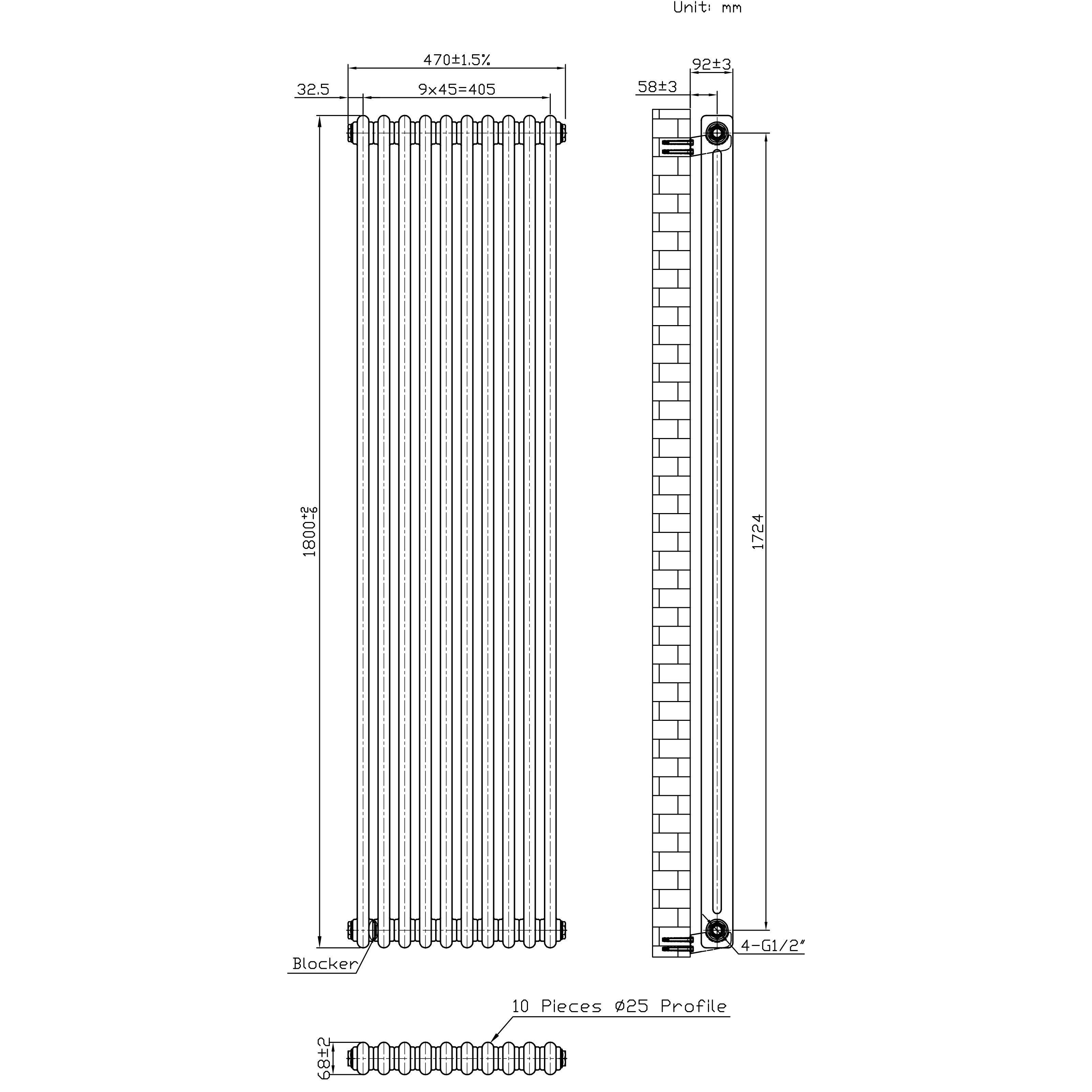 Q-Rax Radiatore 2 Colonne 1800x470 mm Metallo Grezzo