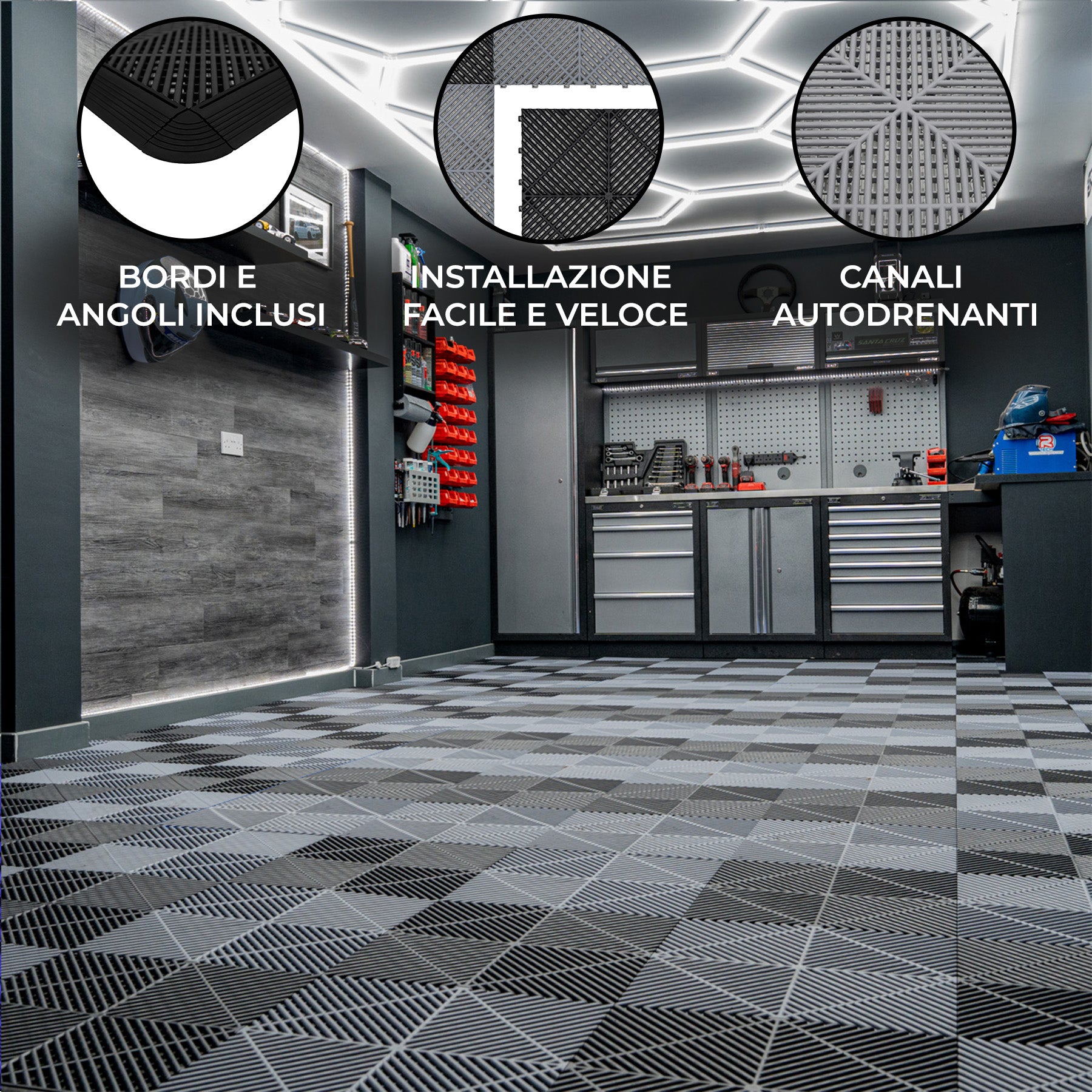 Q-Rax Piastrelle Ventilate 6x6 Pavimento Garage Nero Grigio 240 Pezzi