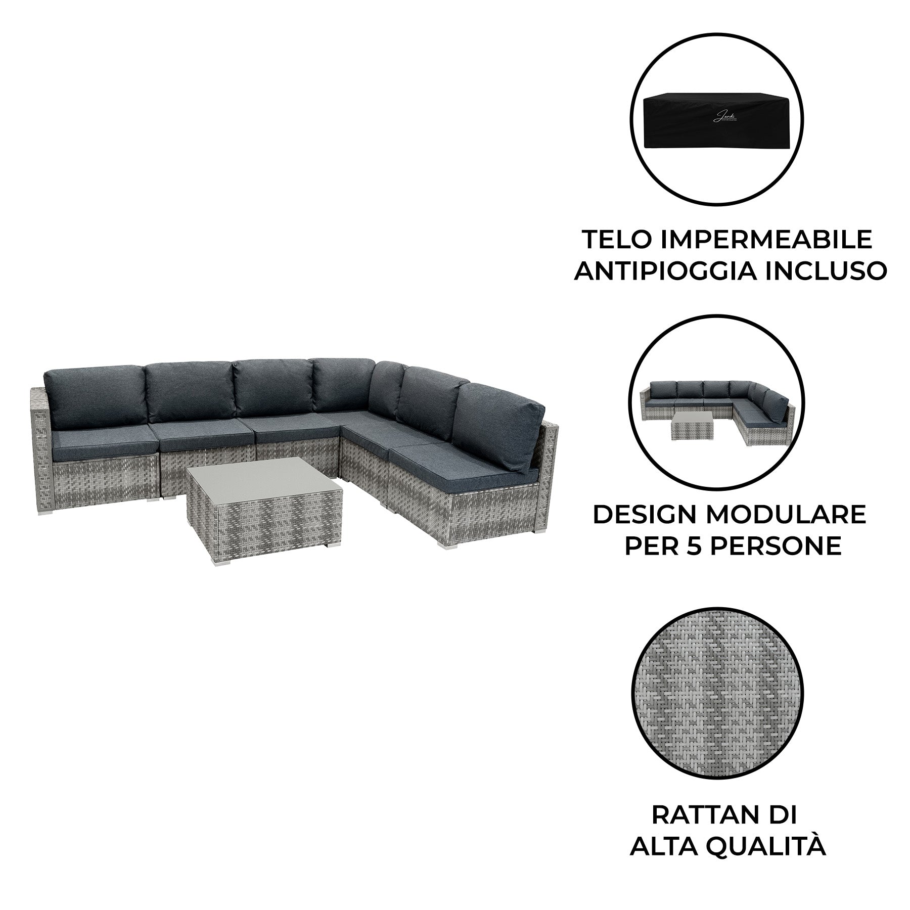 Q-Rax Mobili da Esterno Set Rattan Grigio 7 Pezzi con Tavolo