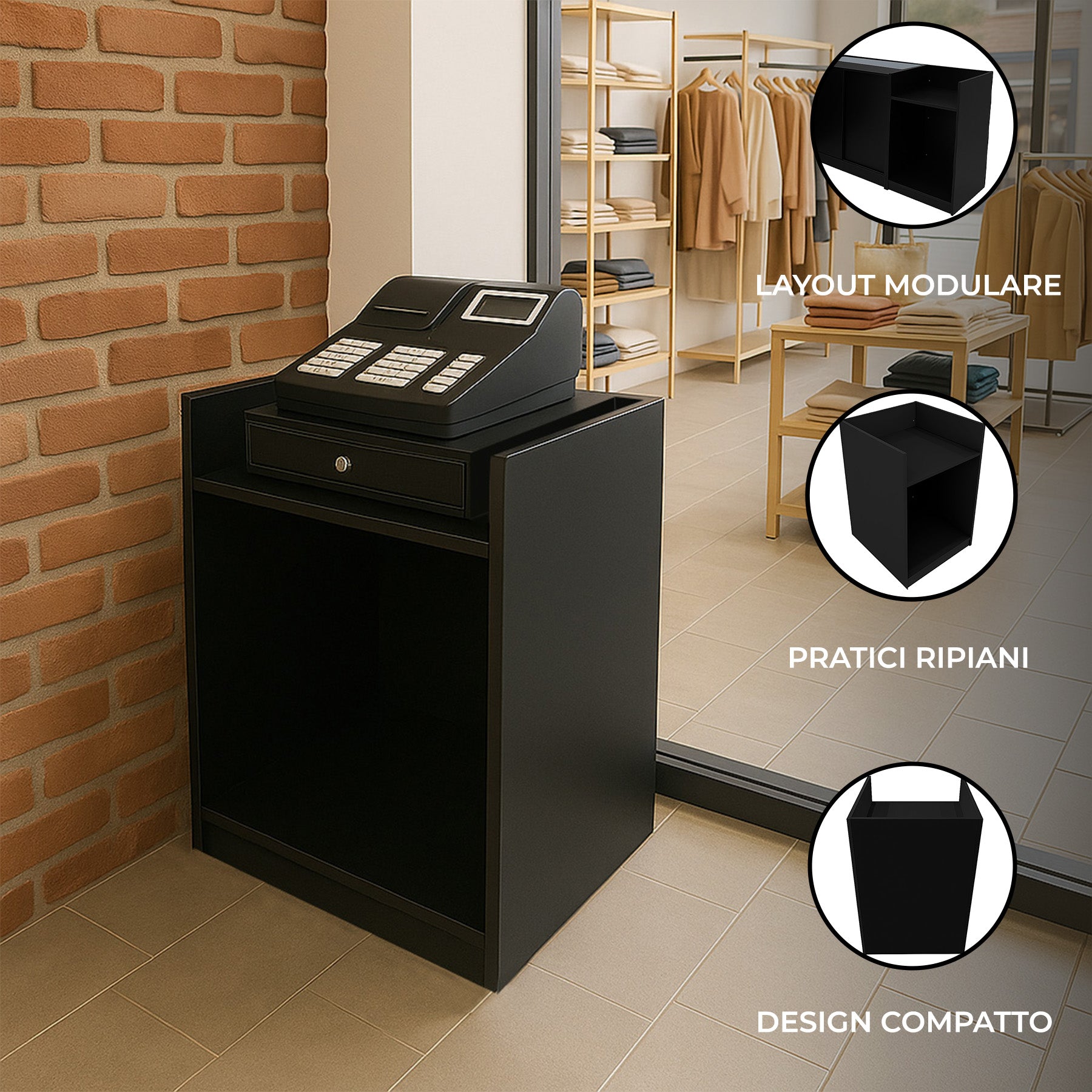 Q-Rax TB60 Bancone Cassa Negozio Nero 60x60x90 cm