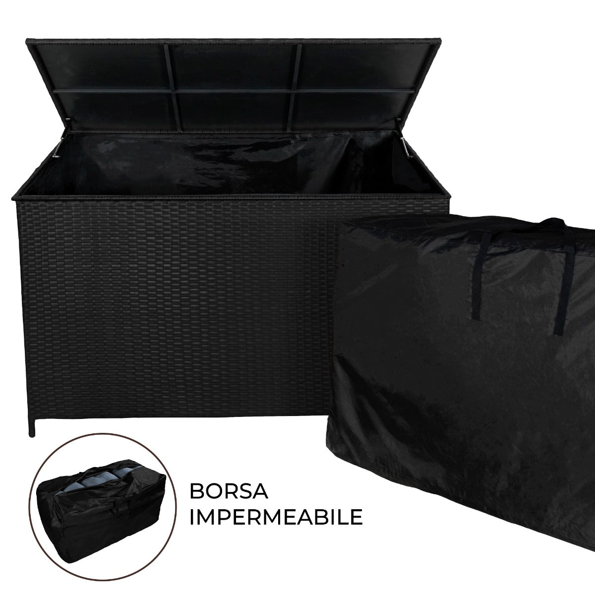Q-Rax Contenitore Cuscini Rattan Nero 582L Box Giardino