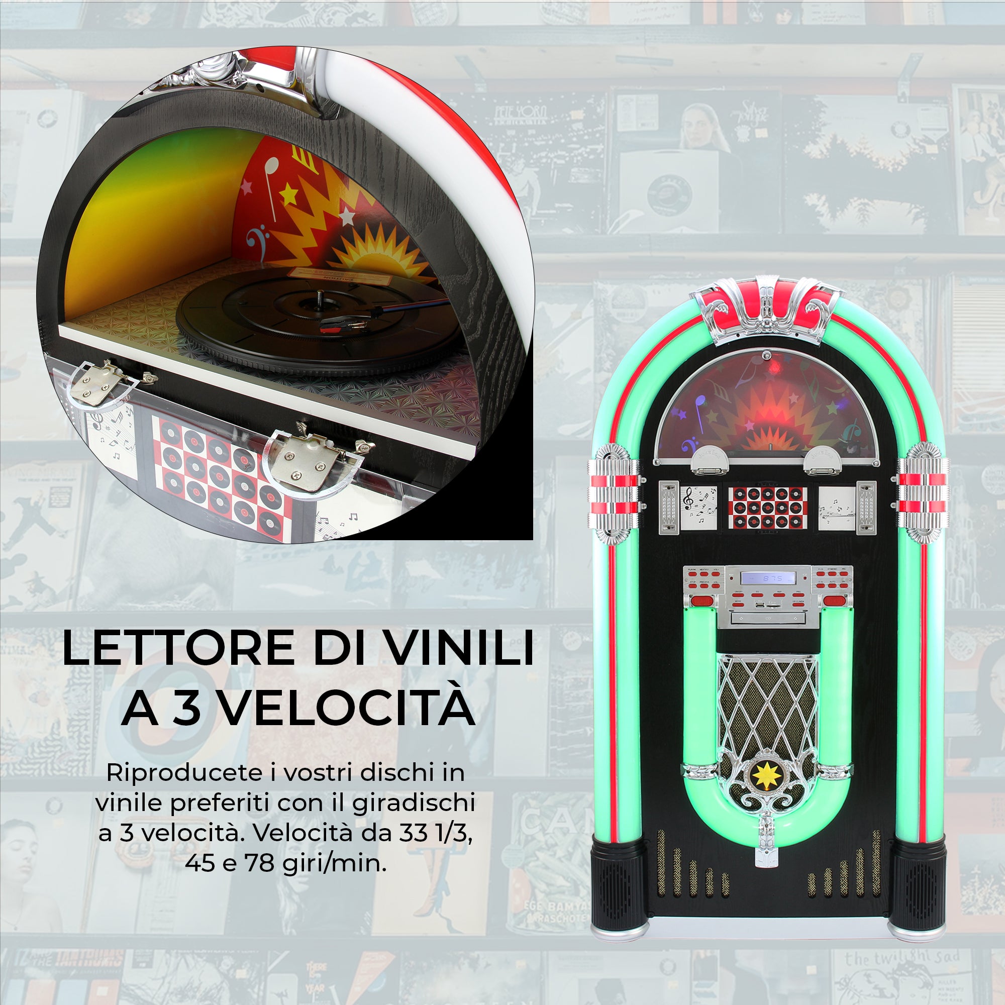 Q-Rax Vintage jukebox nero bluetooth giradischi LED