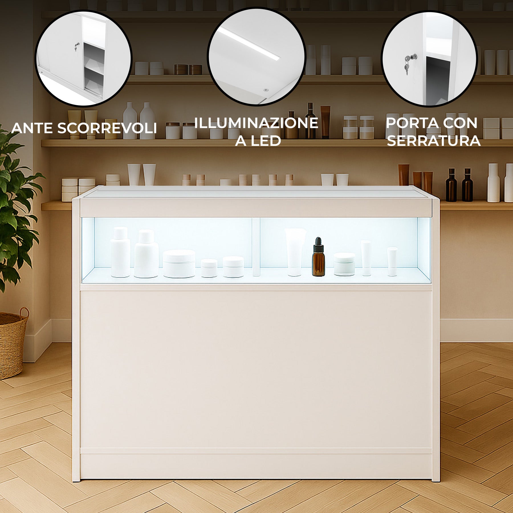 Q-Rax Banconi Negozio B1200 Bancone Vetrina LED Bianco 120cm
