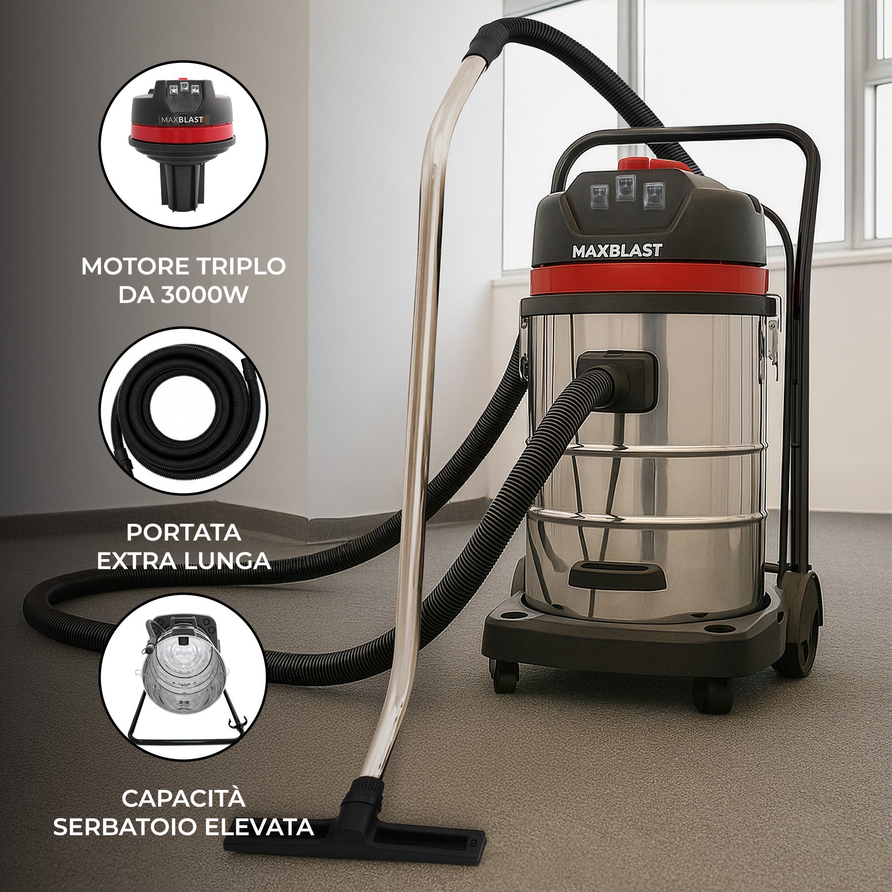 Q-Rax Commercio Artigianato Aspirapolvere 80L secco umido 3000W