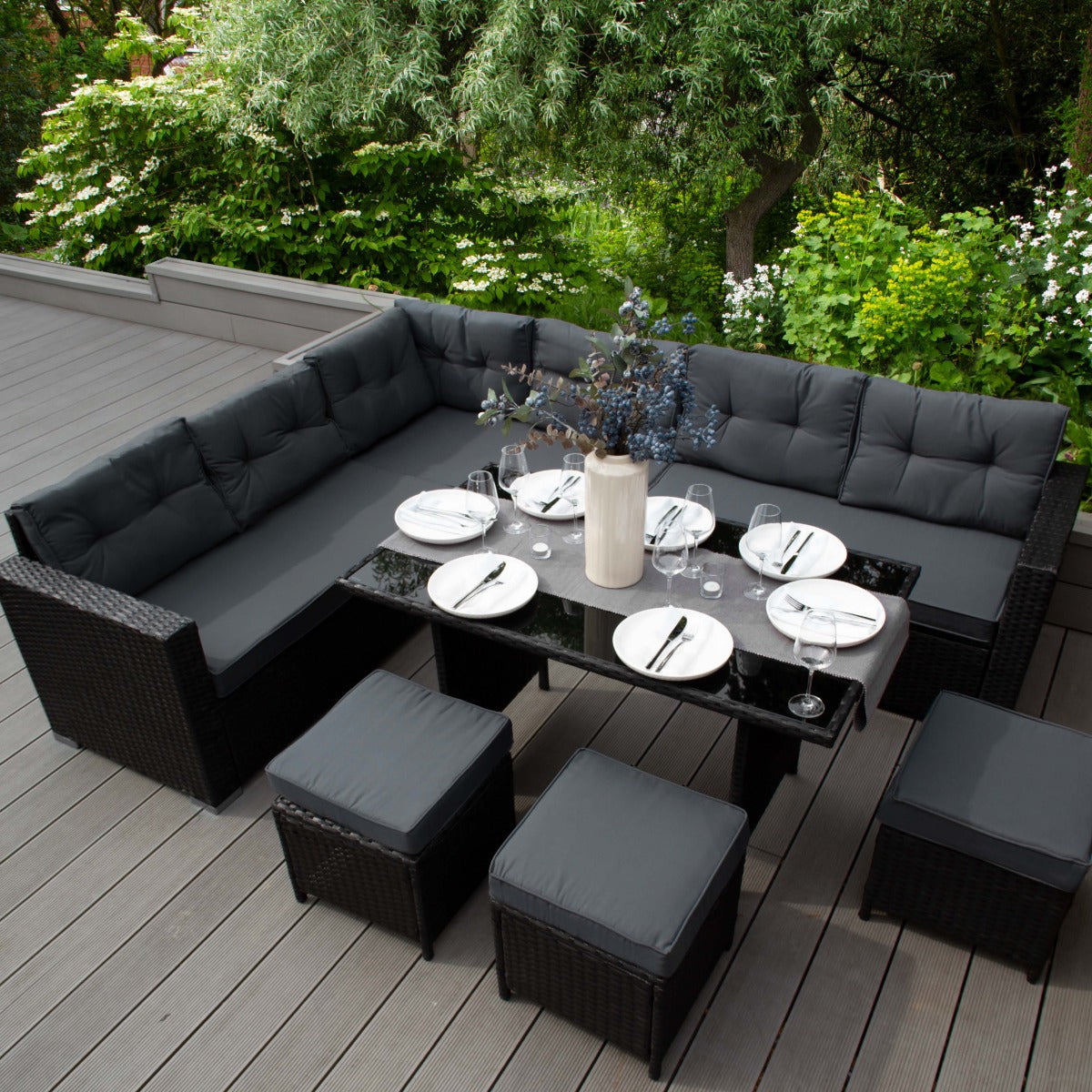 Q-Rax Set Rattan Angolare Nero 9 Posti Tavolo Vetro