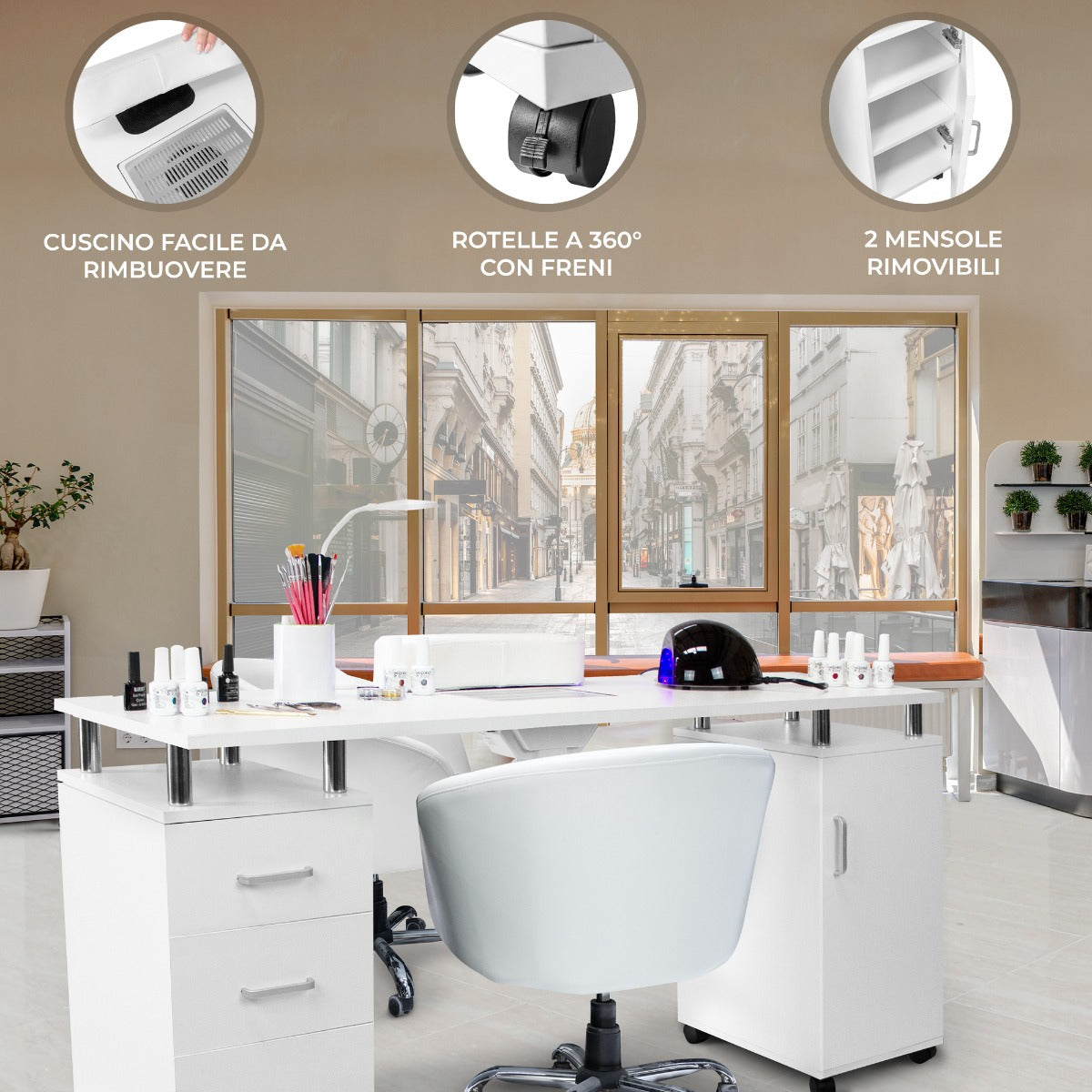 Q-Rax Tavolo Manicure Professionale bianco 120cm aspiratore