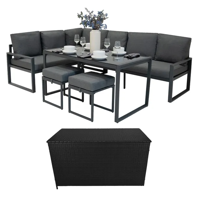 Q-Rax Set Divano Angolare Alluminio Cassapanca Rattan Nero Antracite